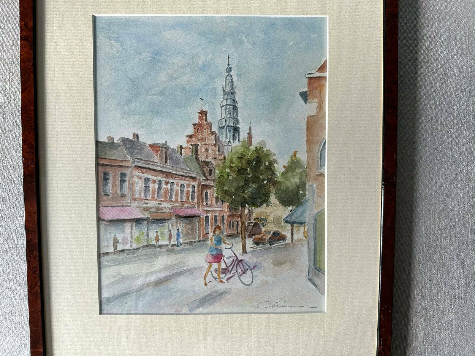 Vintage Original Water Colour Painting, City Landscape, Girl With A Bicycle 17.3" X 14.5" photo furniture