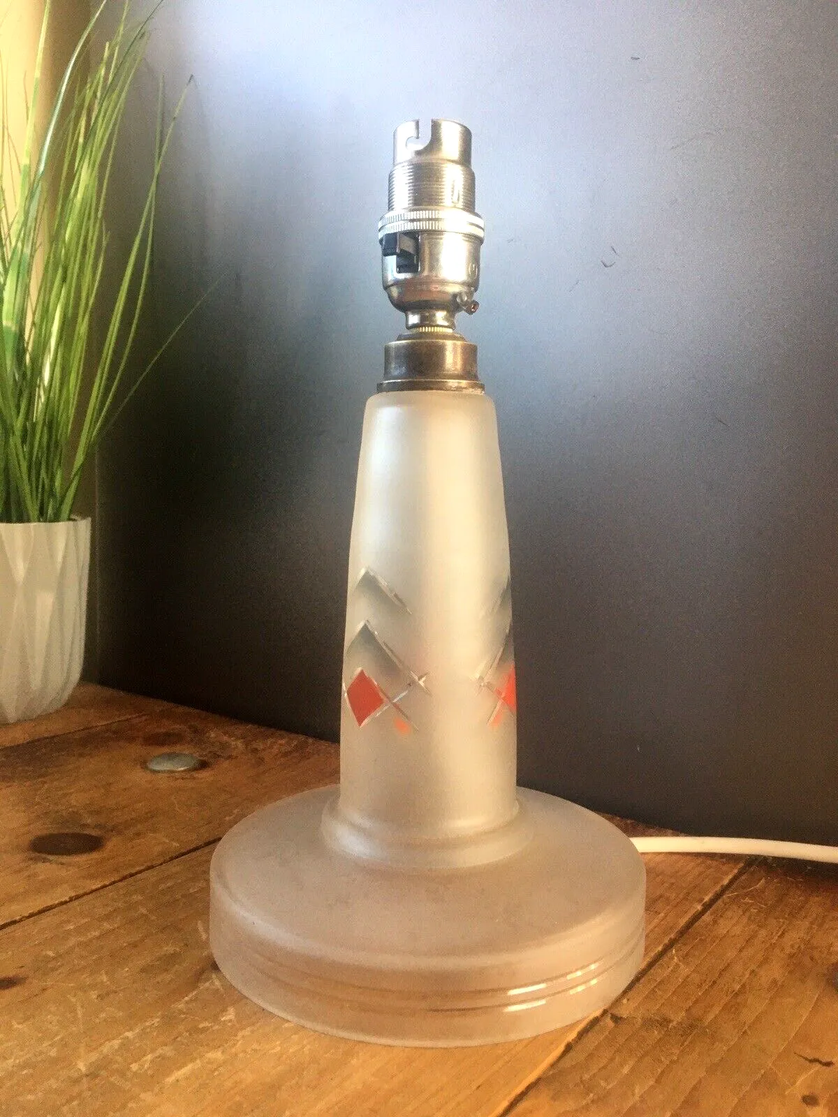 Art Deco 1930s Orange Frosted Geometric Etched Glass Lamp Base And Light Shade photo Lighting