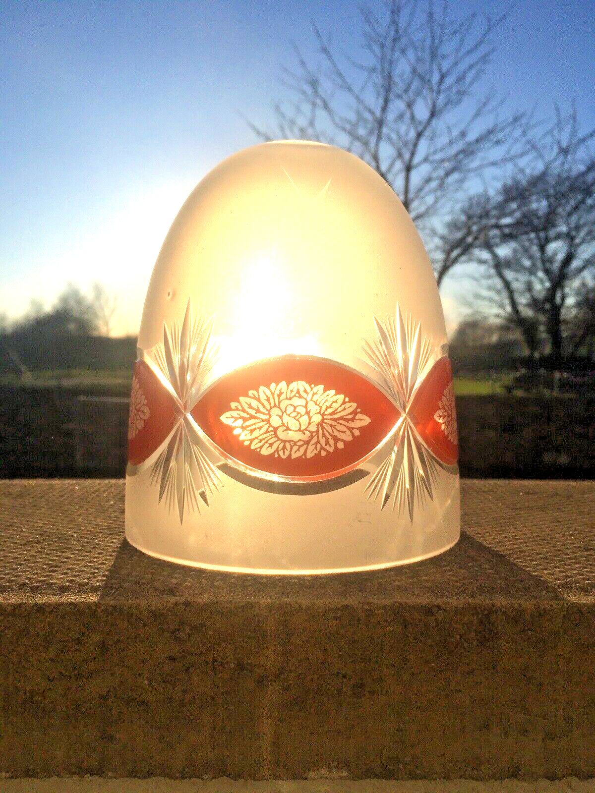 photo furniture Superb Art Deco 1930's Orange Frosted Geometric Etched Glass Floral Lamp Shade