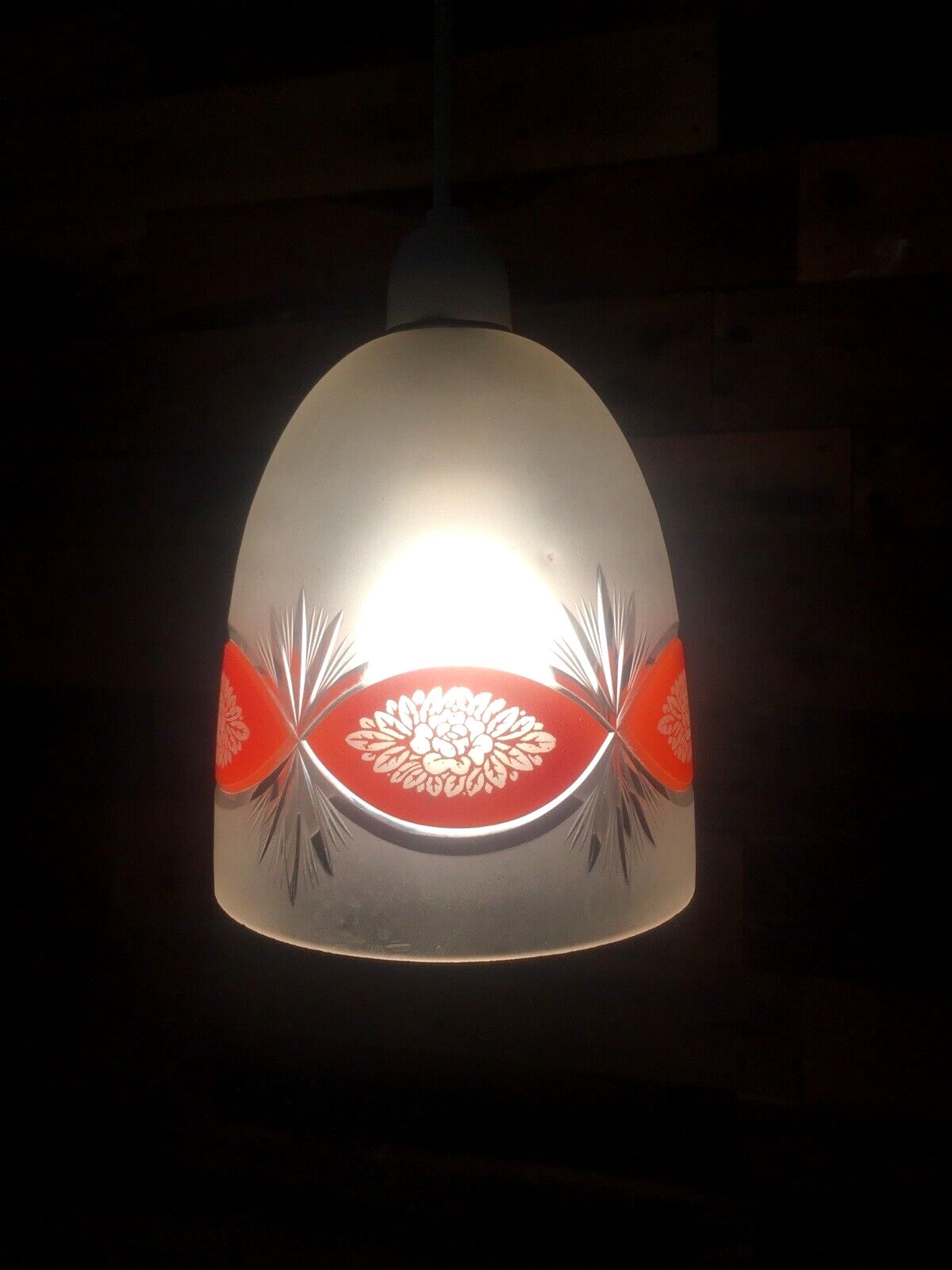 85.0 Superb Art Deco 1930's Orange Frosted Geometric Etched Glass Floral Lamp Shade photo