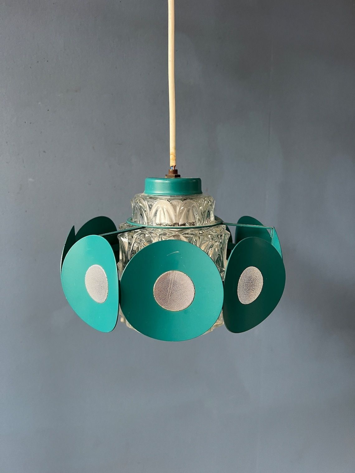 Space Age Hanglamp Met Glazen Kap En Groen/Blauw Metalen Frame photo vinterior