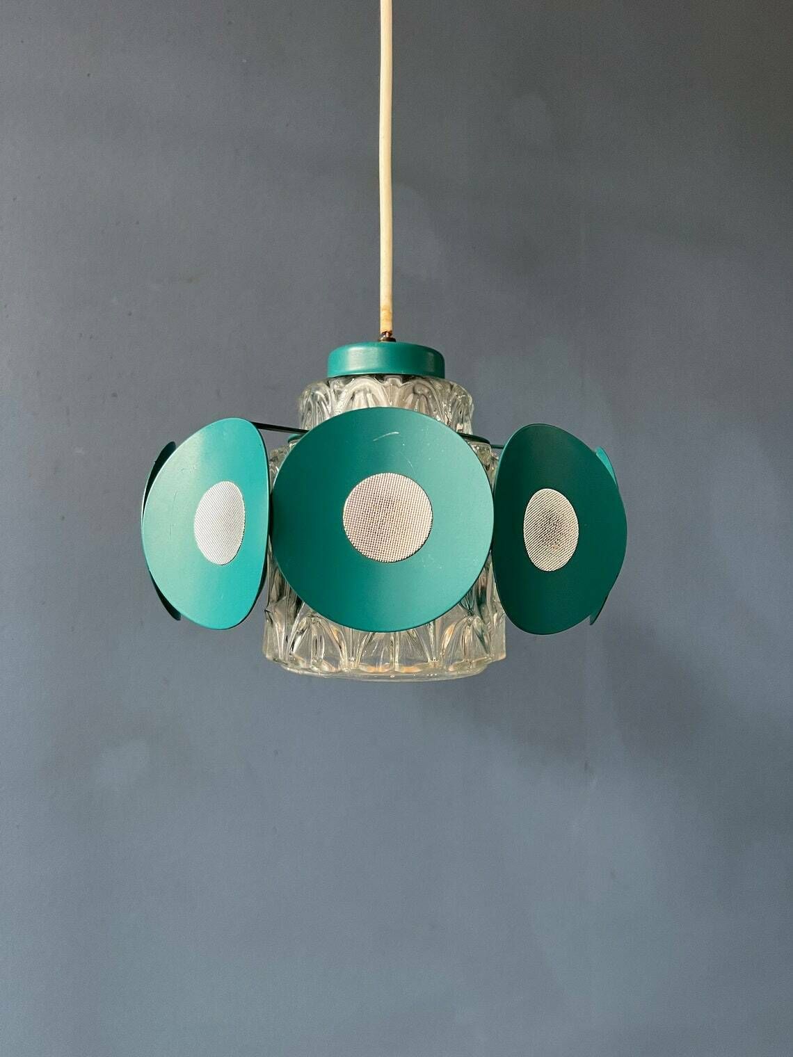 Space Age Hanglamp Met Glazen Kap En Groen/Blauw Metalen Frame photo buy