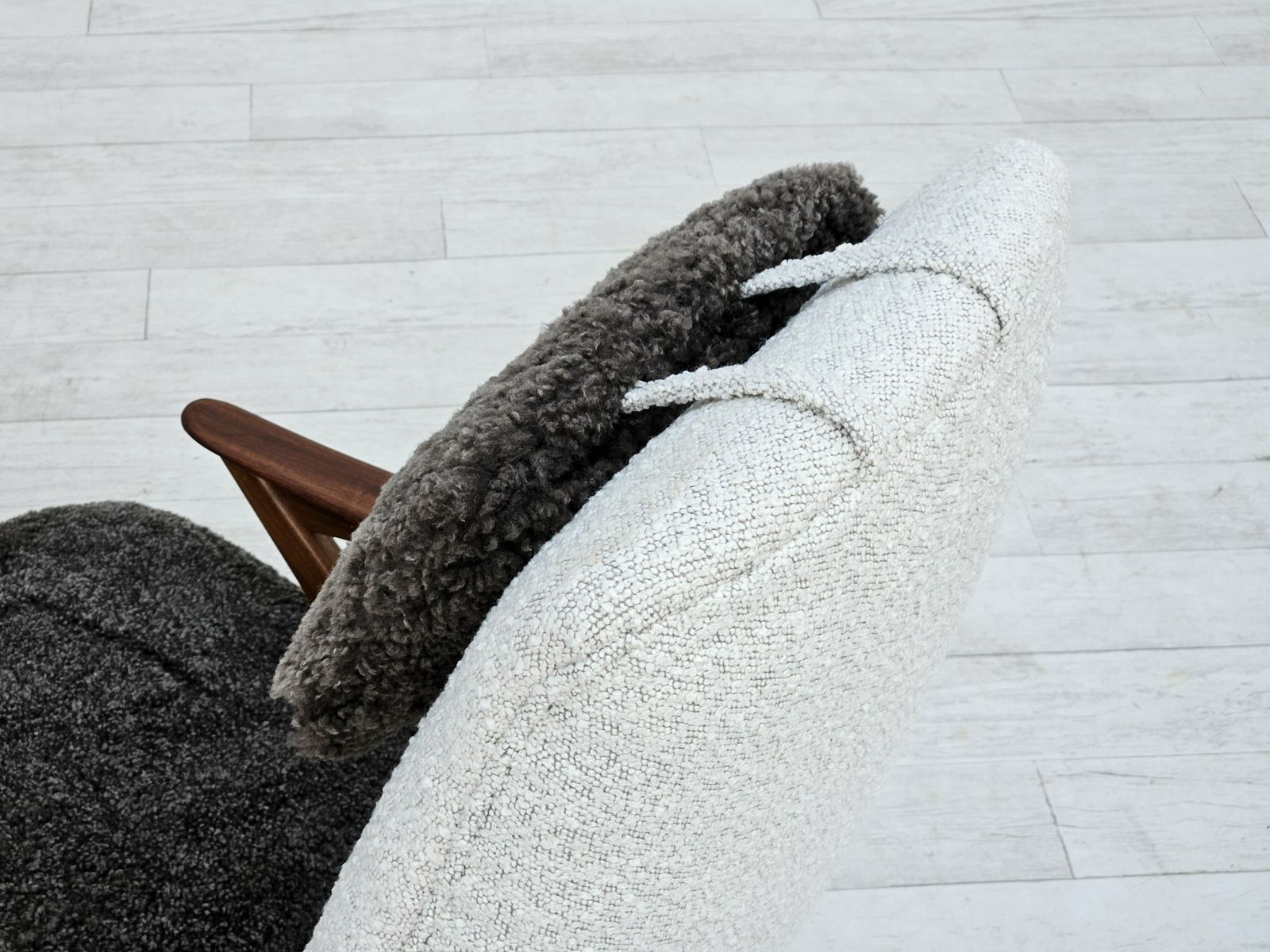 photo for sale 1960s, Scandinavian Design, Reupholstered Armchair, Furniture Fabric, Genuine Sheepskin, Teak.