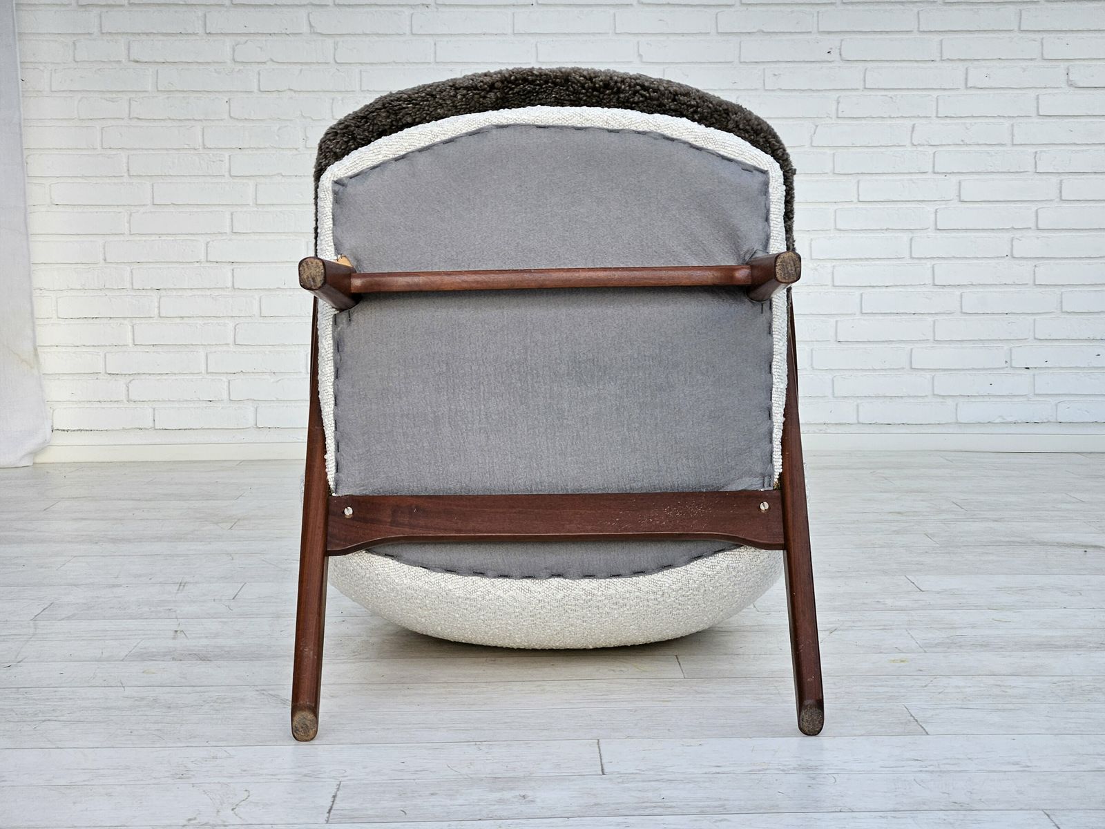 photo vinterior 1960s, Scandinavian Design, Reupholstered Armchair, Furniture Fabric, Genuine Sheepskin, Teak.
