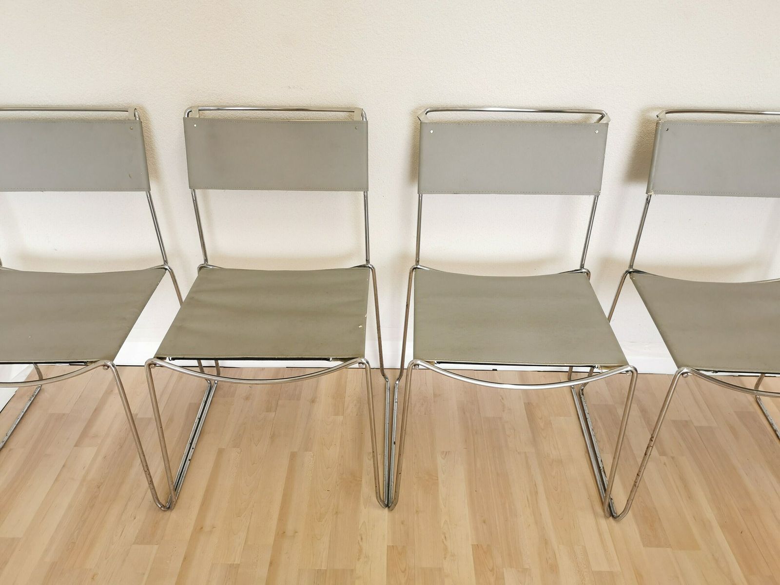 Set Of 4 Vintage Dine Chairs / Chrome And Light Gray Leather Dining Chairs / Italy, 1980s / Dining Room / Mid Century Modern Italian Office photo furniture
