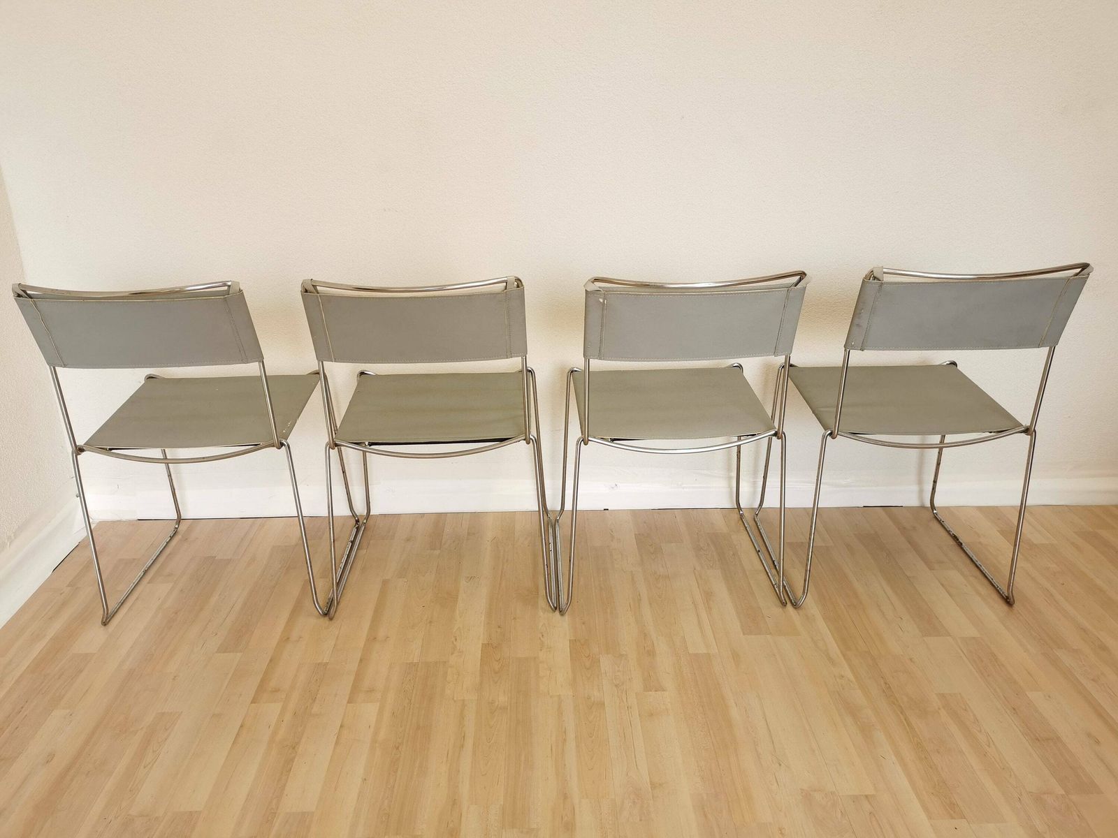 Set Of 4 Vintage Dine Chairs / Chrome And Light Gray Leather Dining Chairs / Italy, 1980s / Dining Room / Mid Century Modern Italian Office photo Furniture
