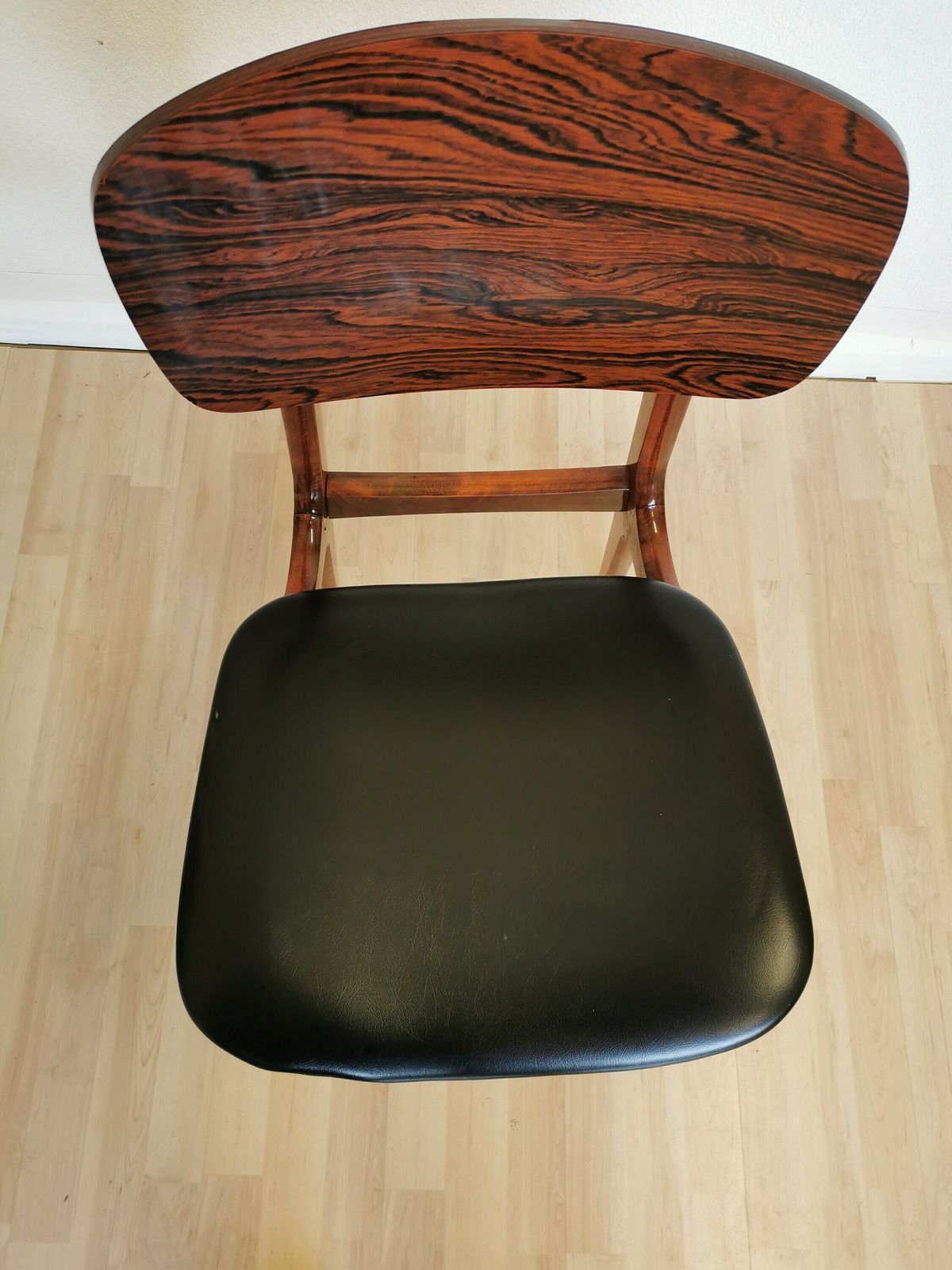 Vintage Wooden Dine Chair With Black Leather Seat / By Konjuh Zhivinice, Yugoslavia 1970s / Yugoslavia Retro Mid Century Dining Chair photo vinterior