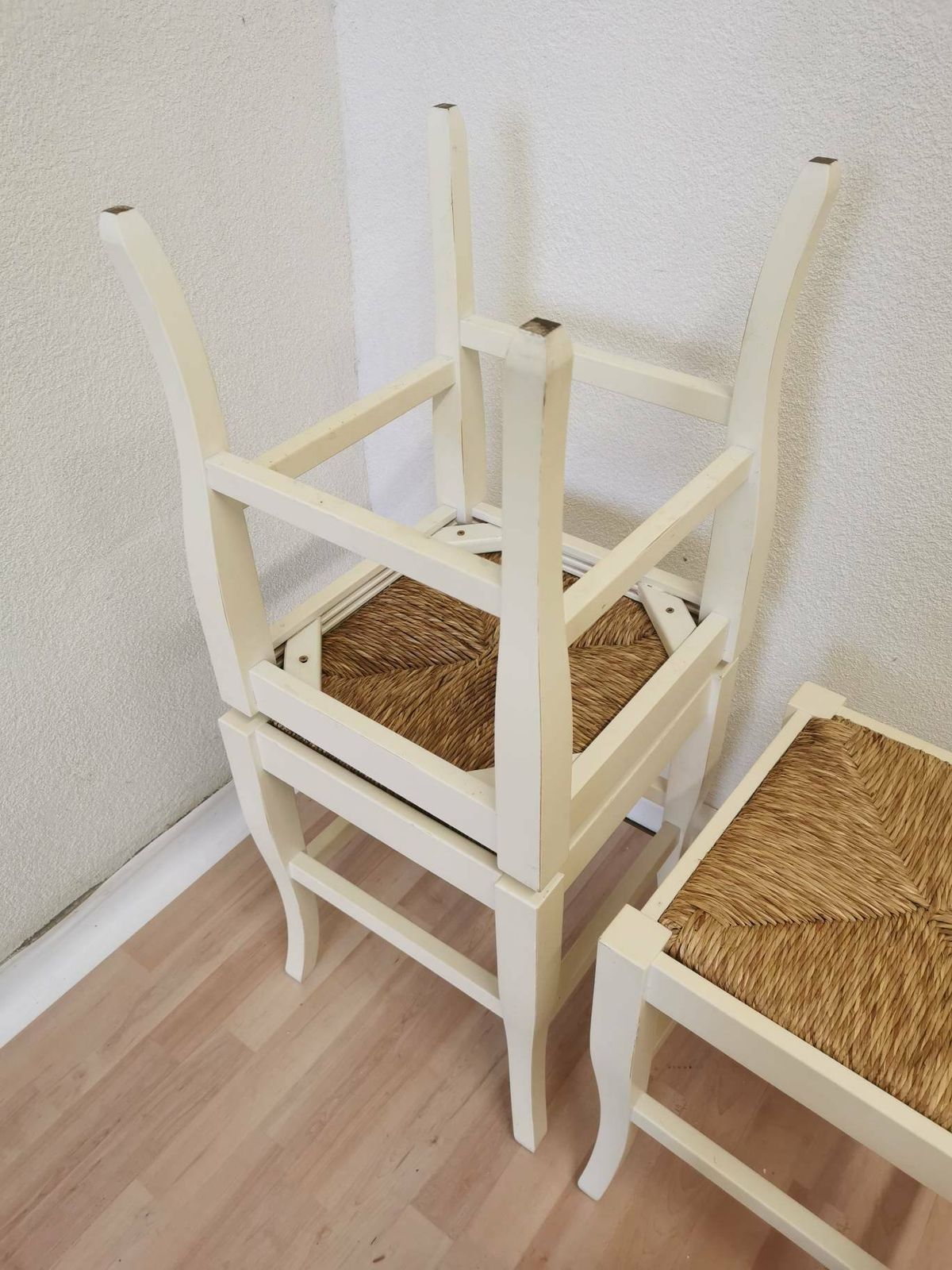 Set Of 4 Vintage White Wooden Stools With Thatched Seating / 1970s Yugoslavia / Boho Farmhouse Country Cottage Interior / Living Room Ideas photo vintage