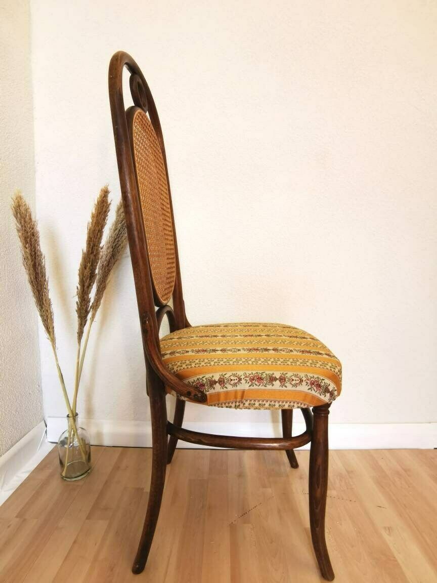 Vintage Thonet Chair With Retro Fabric / Cane Backrest / Bentwood Technique / Yugoslavia 1970s / Wooden High Backrest Dine Chair / Wicker photo furniture