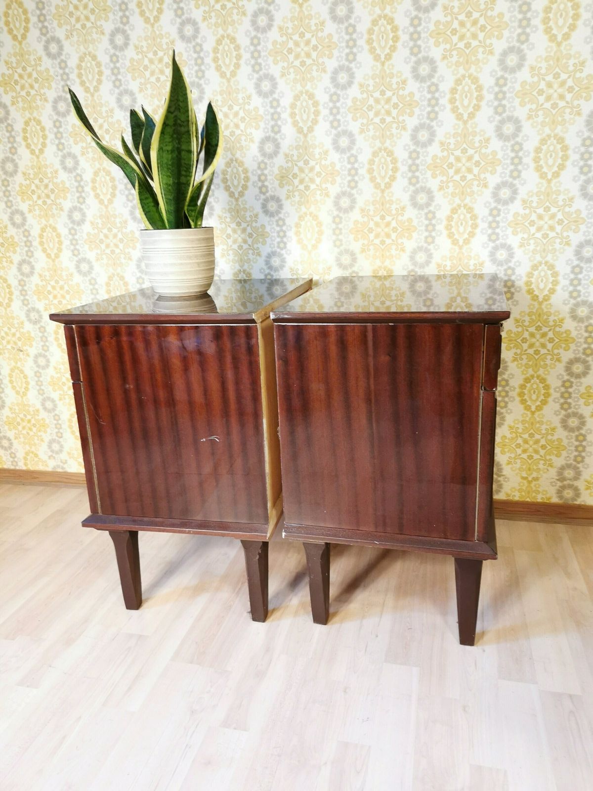 photo for sale Pair Of 2 Vintage Wooden Night Stands Very Firm/ Mid Century Modern Made In Yugoslavia 1970s / Retro Bedside Night Table /Retro Nightstand