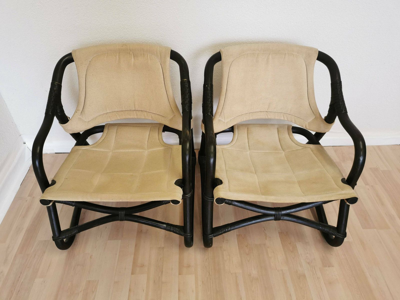 Set Of 2 Vintage Espri Safari Lounge Armchairs / Rare Mid Century Black Bamboo And Beige Fabric Easy Chairs / 1970s By Ikea, Sweden photo furniture