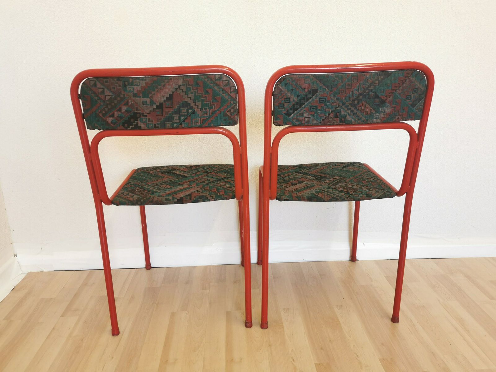 Set Of 2 Red Metal Chairs With Retro Fabric / Funky Dine Chairs / 1970s, Yugoslavia / Baša / Space Age Dining Room / Stackable Chrome Tubular photo Furniture