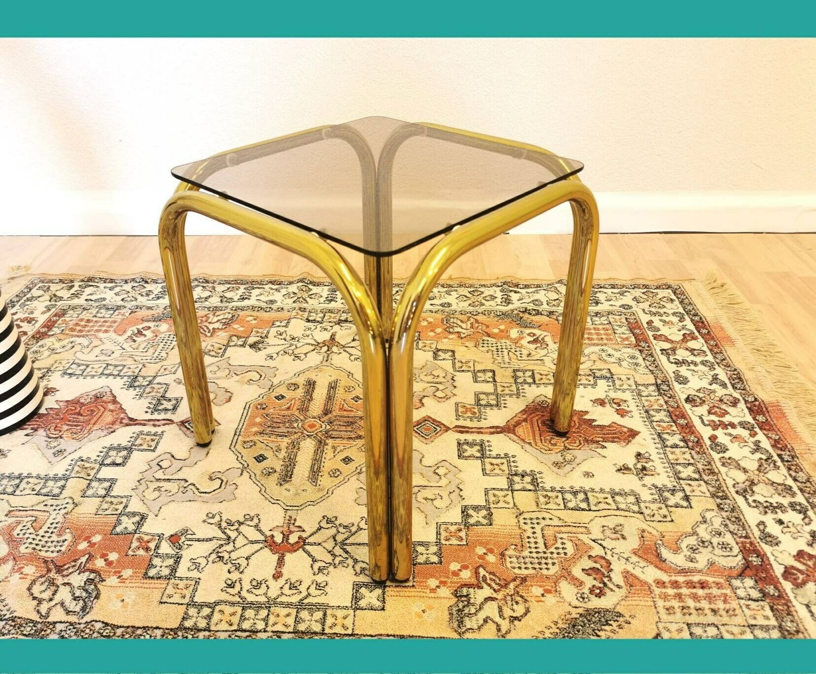 Mid Century Coffee Table / Vintage Brass Look End Table With Smoked Glass / Golden Vintage Small Table / Rectangular / Italian Design