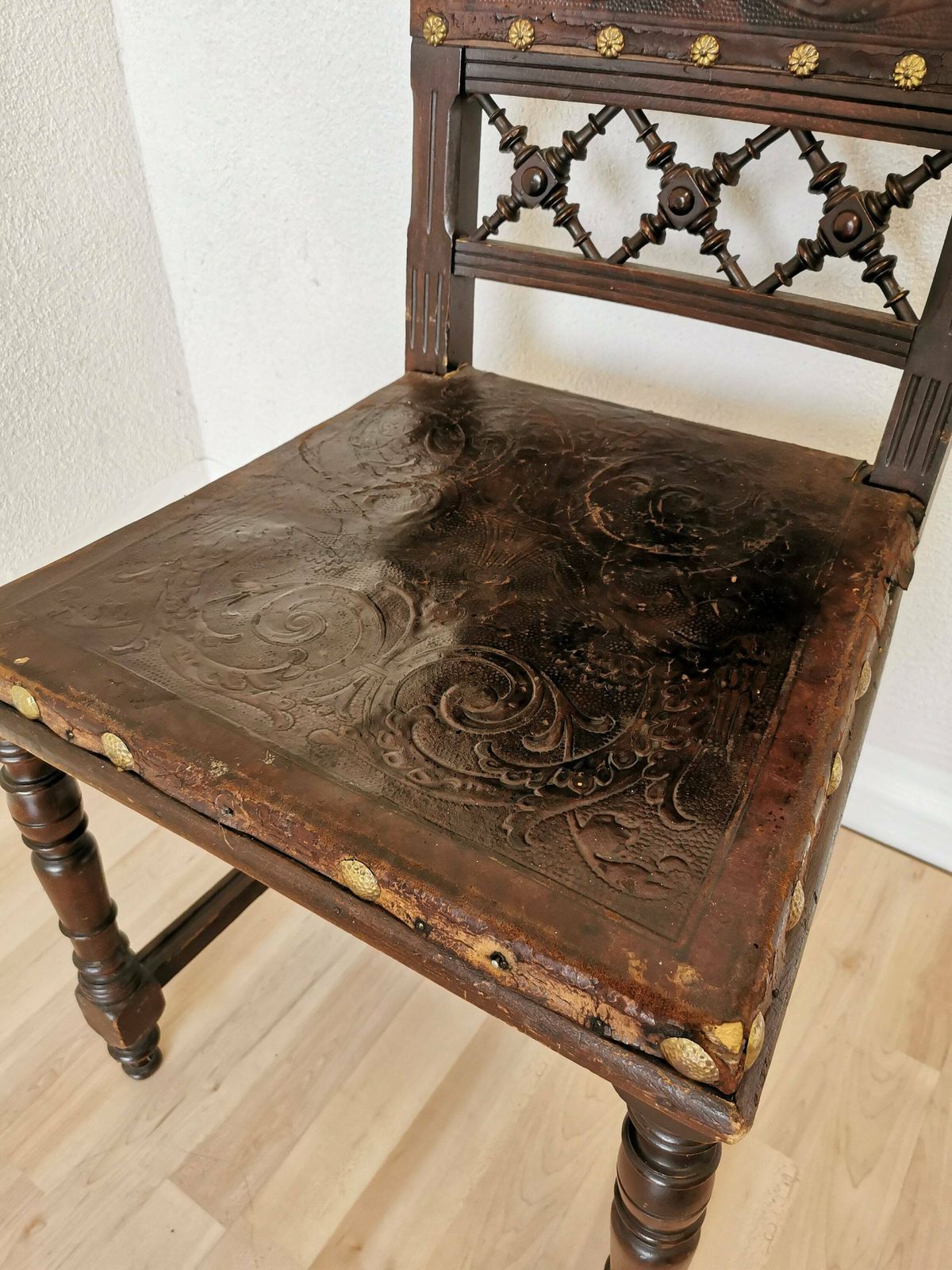 Antique Dine Chair From 1930s / Wodeen Base And Leather Seat And Backrest / Vintage Dining Chair With Amazing Details With Metal Nets photo for sale