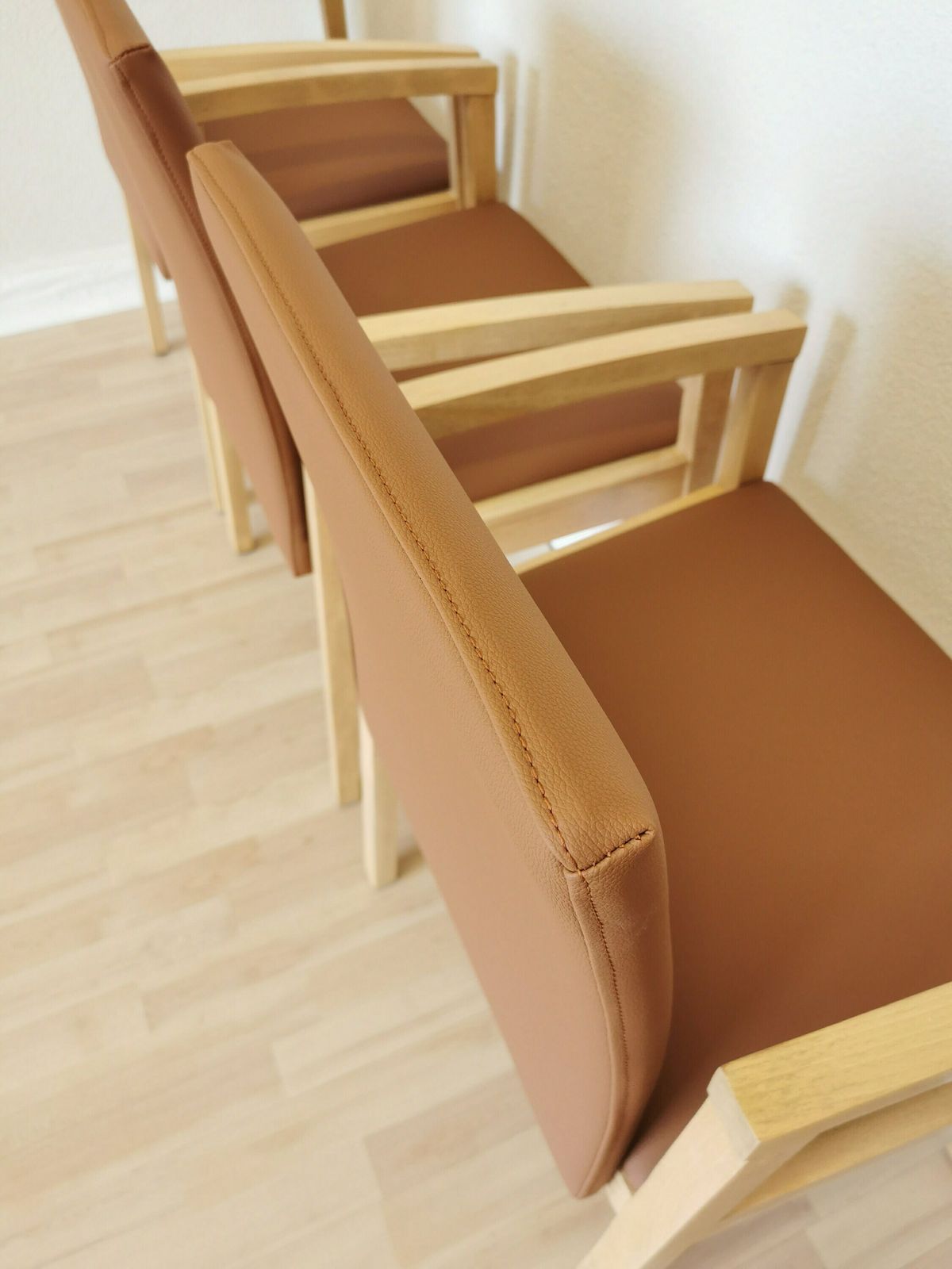 photo furniture Set Of 4 Restored Vintage Massive Wooden Dining Chairs With Brown Leather And Armrests / Italian Mid Century Design / Made In Italy 1990s