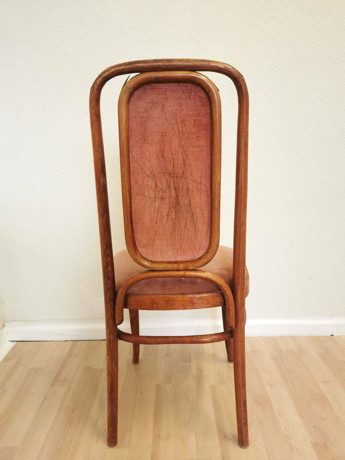 Vintage Wooden Dine Chair In Thonet Sytle With High Backrest And Cushioned Seat In Brown Pink / 1970s, Yugoslavia / Mid Century Dining Chair photo vinterior