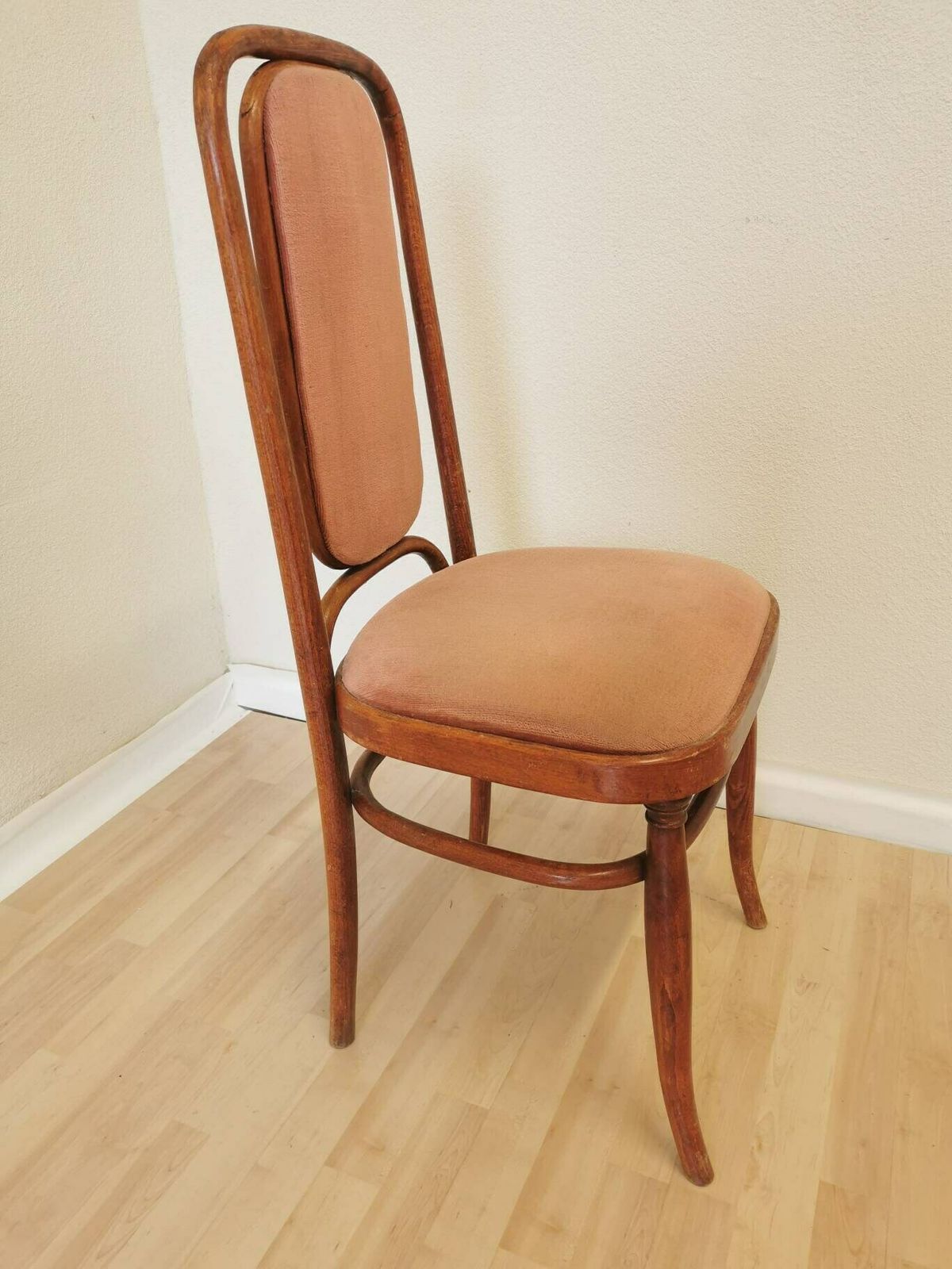 photo for sale Vintage Wooden Dine Chair In Thonet Sytle With High Backrest And Cushioned Seat In Brown Pink / 1970s, Yugoslavia / Mid Century Dining Chair
