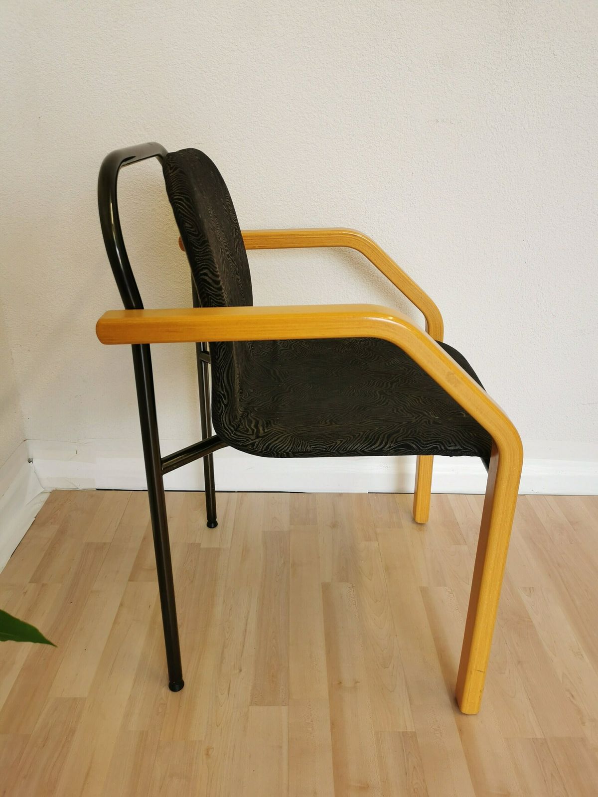 Vintage Dining Chairs / Mid Century Dine Beech Wood, Metal Legs And Black Fabric Chair / 1970s Space Age Interior Dining Room Quadrangular photo for sale