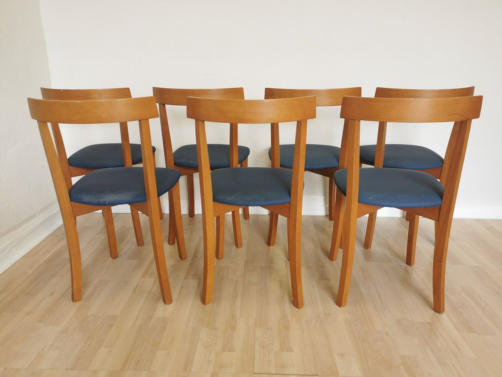1 Of 7 Vintage Dining Chairs By Calligaris / Italy 1990s / Wooden Dine Chairs With Blue Fabric Seat / Mid Century Italian Design For Bistro photo 183.0