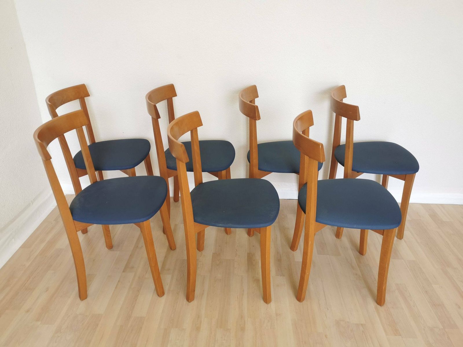 1 Of 7 Vintage Dining Chairs By Calligaris / Italy 1990s / Wooden Dine Chairs With Blue Fabric Seat / Mid Century Italian Design For Bistro photo vintage
