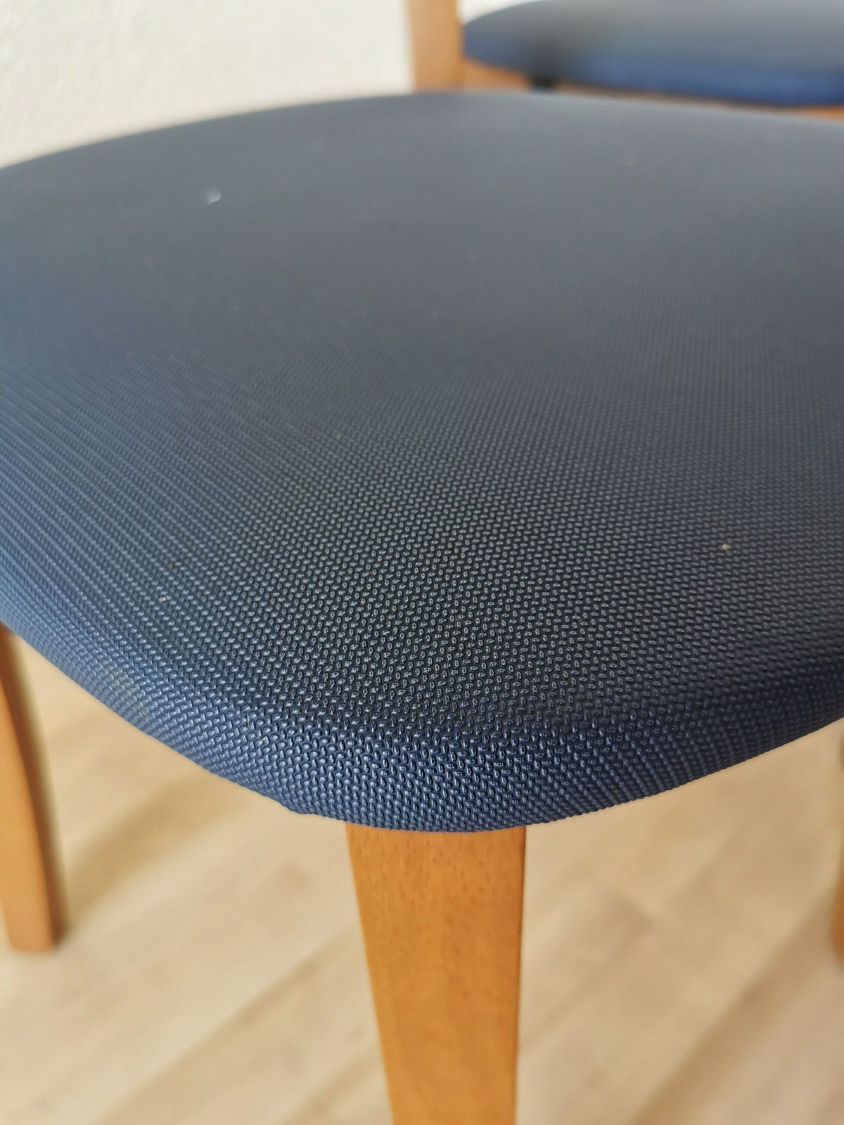 photo furniture 1 Of 7 Vintage Dining Chairs By Calligaris / Italy 1990s / Wooden Dine Chairs With Blue Fabric Seat / Mid Century Italian Design For Bistro