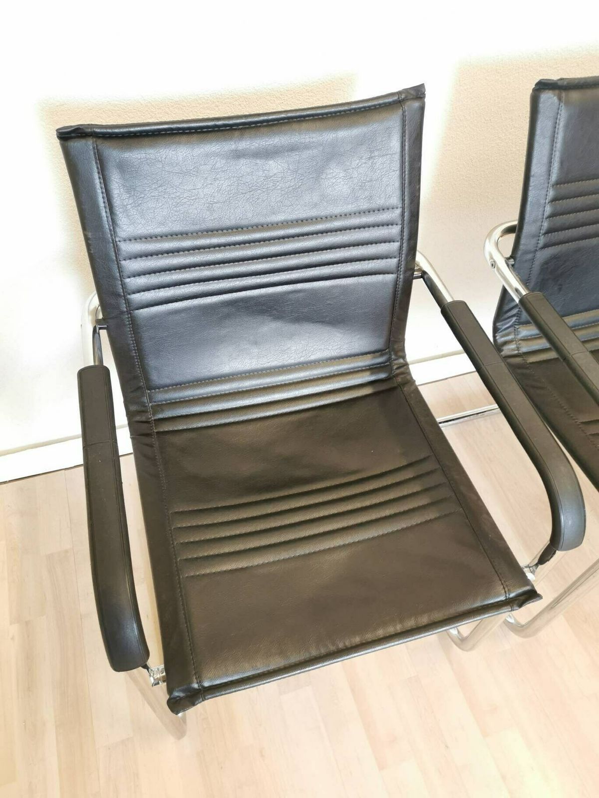 Set Of 2 Rare Vintage Office Chairs / Black Leather Seat / Armrest / Chrome Tubular Base / Mid Century Dining Armchair photo Furniture