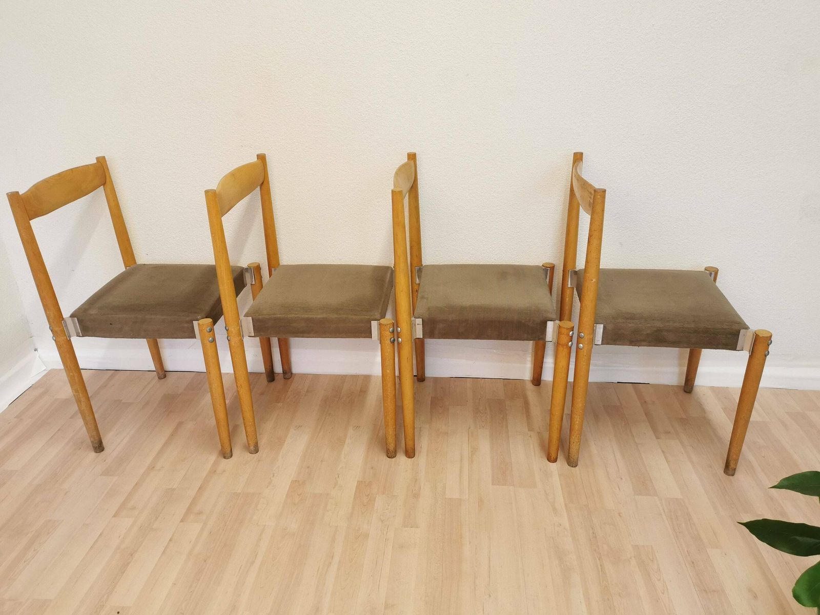 Set Of 4 Vintage Dine Chairs By Miroslav Navratil / 1970s Czechoslovakia / Mid Century Wooden Dining Chairs / Gray Fabric With Blue Stripes photo for sale