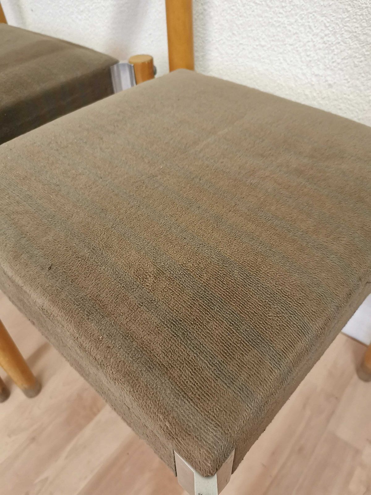 Set Of 4 Vintage Dine Chairs By Miroslav Navratil / 1970s Czechoslovakia / Mid Century Wooden Dining Chairs / Gray Fabric With Blue Stripes photo vinterior