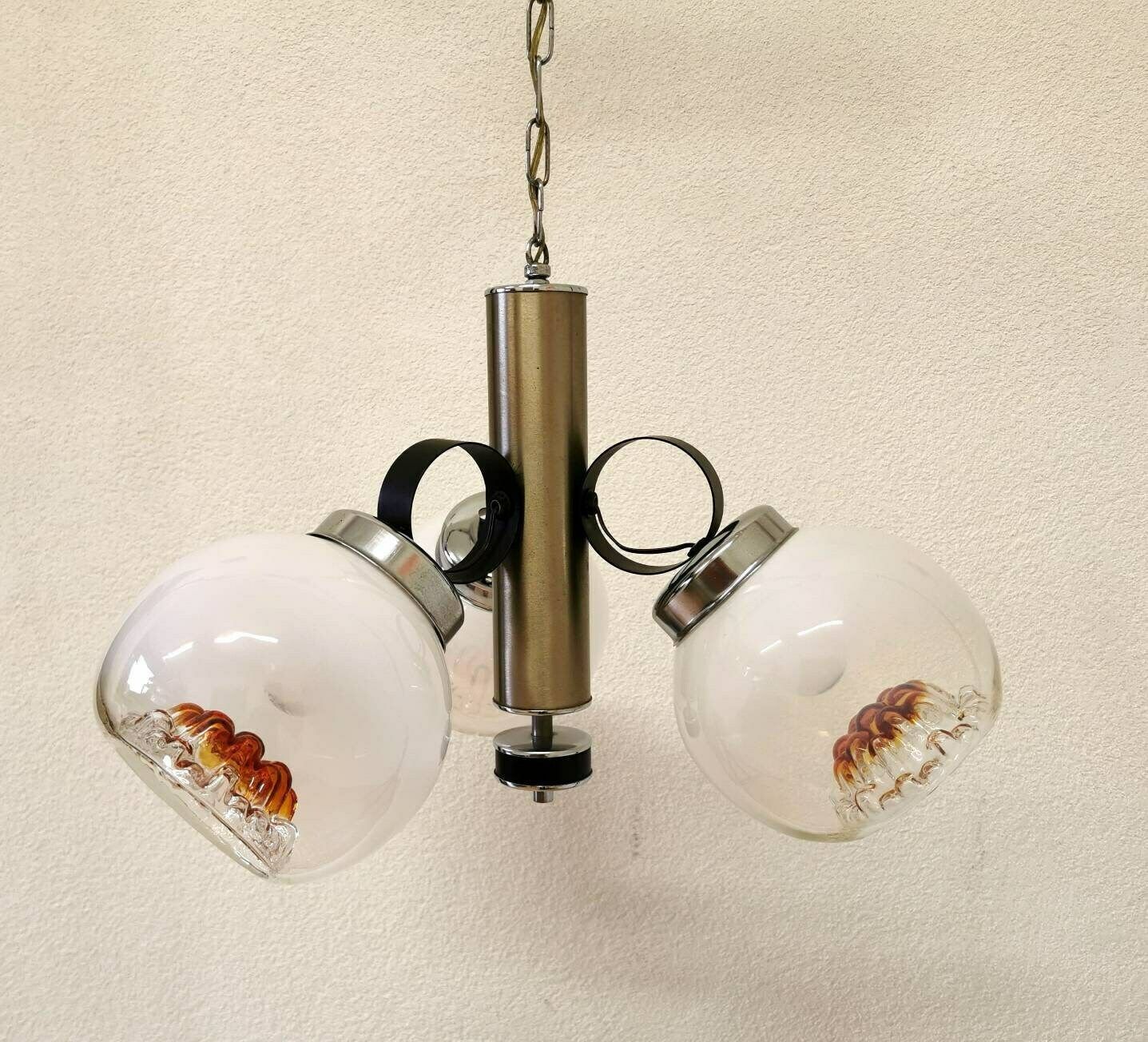 Vintage Mazzega Light / Murano Glass Chandelier / 1970s, Italy / Mid Century Italian Design / White & Orange Pendant Light 70s Ceiling Lamp photo buy