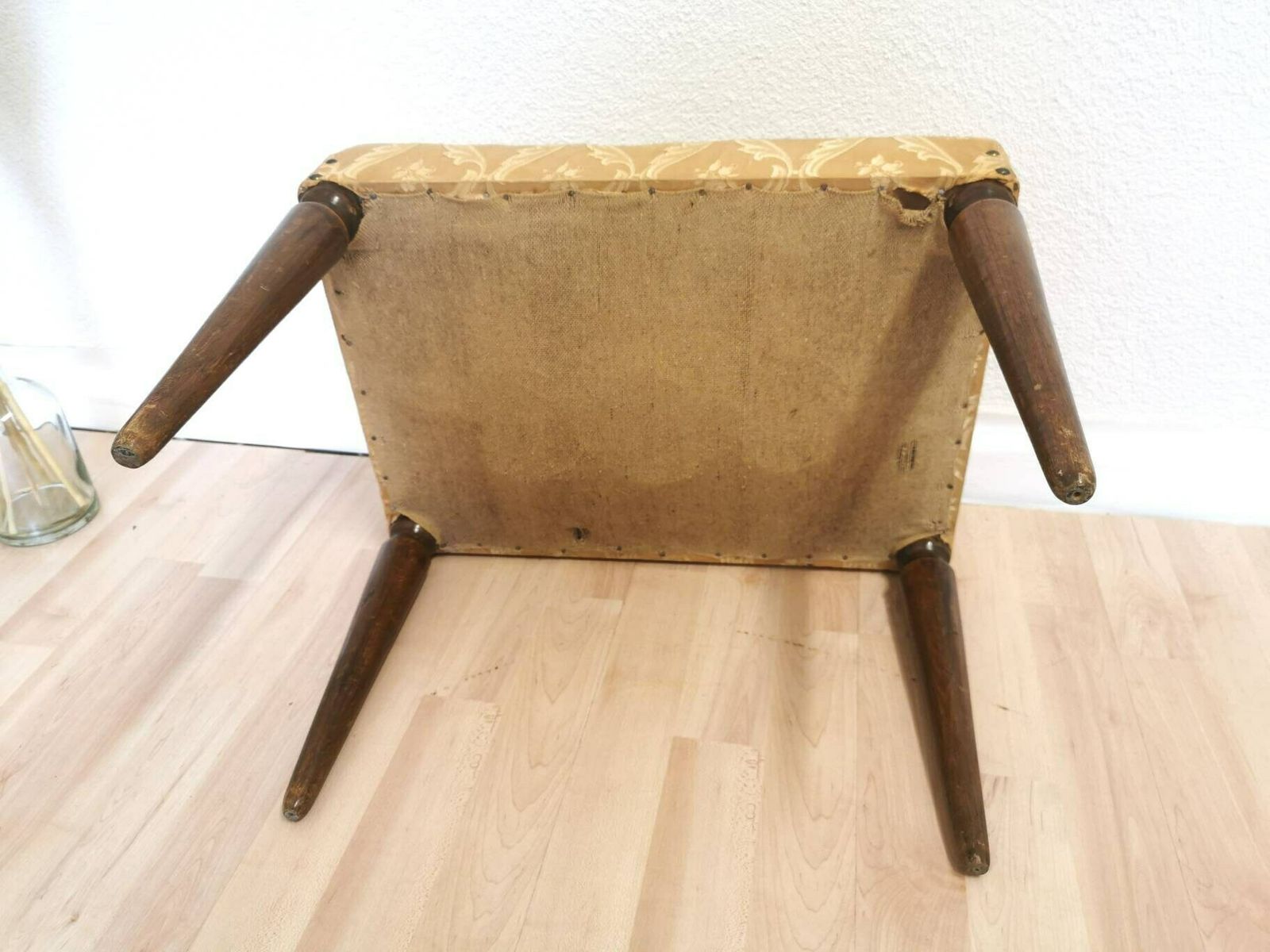 Vintage Foot Stool With Wooden Legs And Cushioned Seat In Gold Yellow Fabric / Mid Century Elegenat Ottoman Tabure / 1970s / Stained photo Furniture
