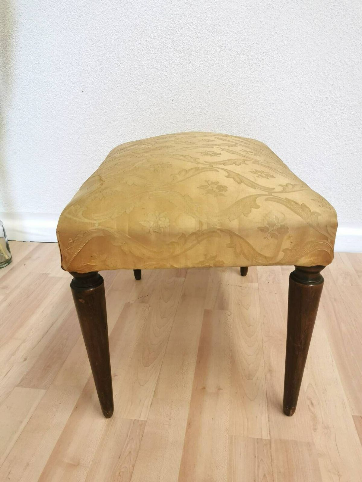 Vintage Foot Stool With Wooden Legs And Cushioned Seat In Gold Yellow Fabric / Mid Century Elegenat Ottoman Tabure / 1970s / Stained photo buy