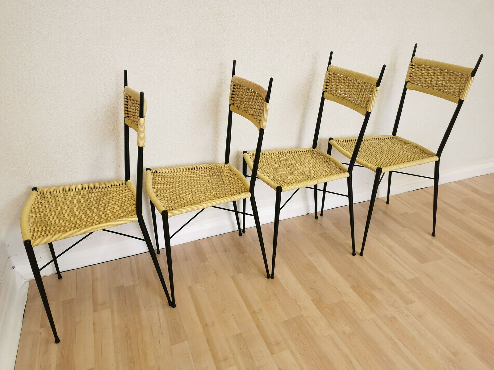 Set Of 4 Vintage Dine Chairs Made In Italy In The 1970s / Mid Century Outdoor Or Indoor Dining Chairs From Metal And Plastic In Rattan Look photo Furniture