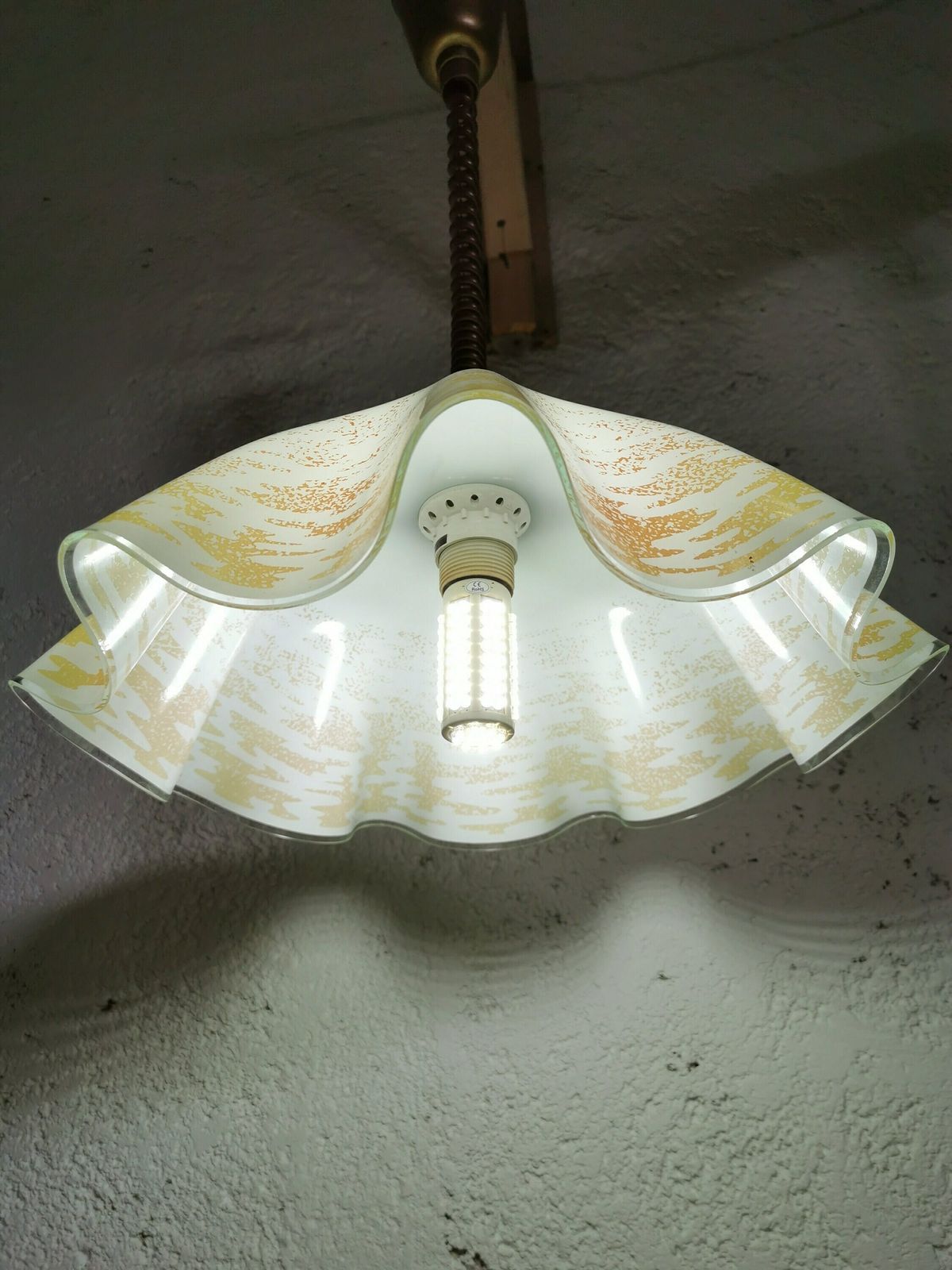 Vintage Glass Pendant Lamp By Sijaj Hrastnik / Mid Century Ceiling Light 70s, Yugoslavia / Orange, White, Yellow photo 216.0