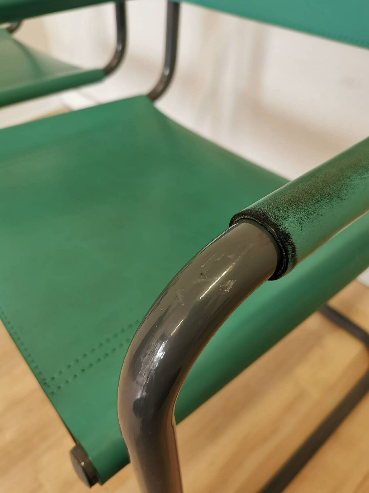 Only 1 Left / Vintage Mart Stam Style S34 Armchair With Turquoise Leather / Mid Century Cantilever Marcel Breuer Black Chrome Tubular Blue photo vinterior