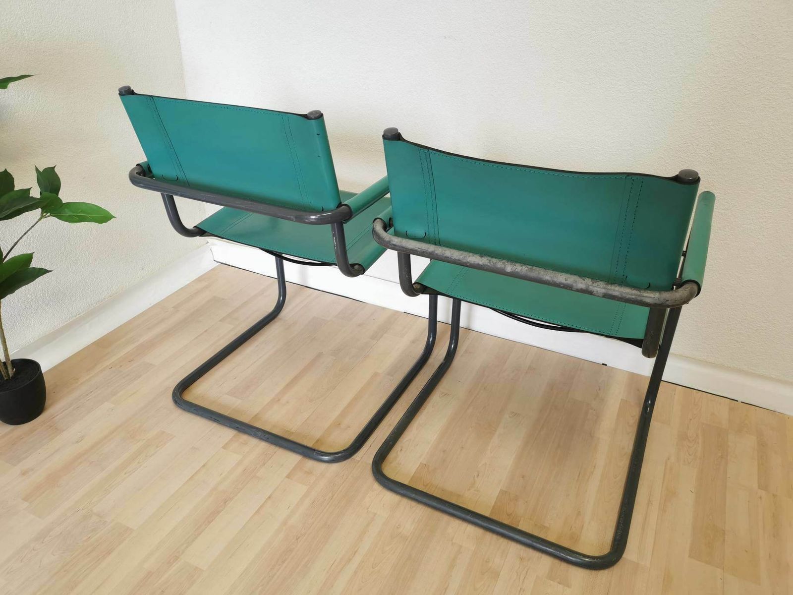 photo furniture Only 1 Left / Vintage Mart Stam Style S34 Armchair With Turquoise Leather / Mid Century Cantilever Marcel Breuer Black Chrome Tubular Blue