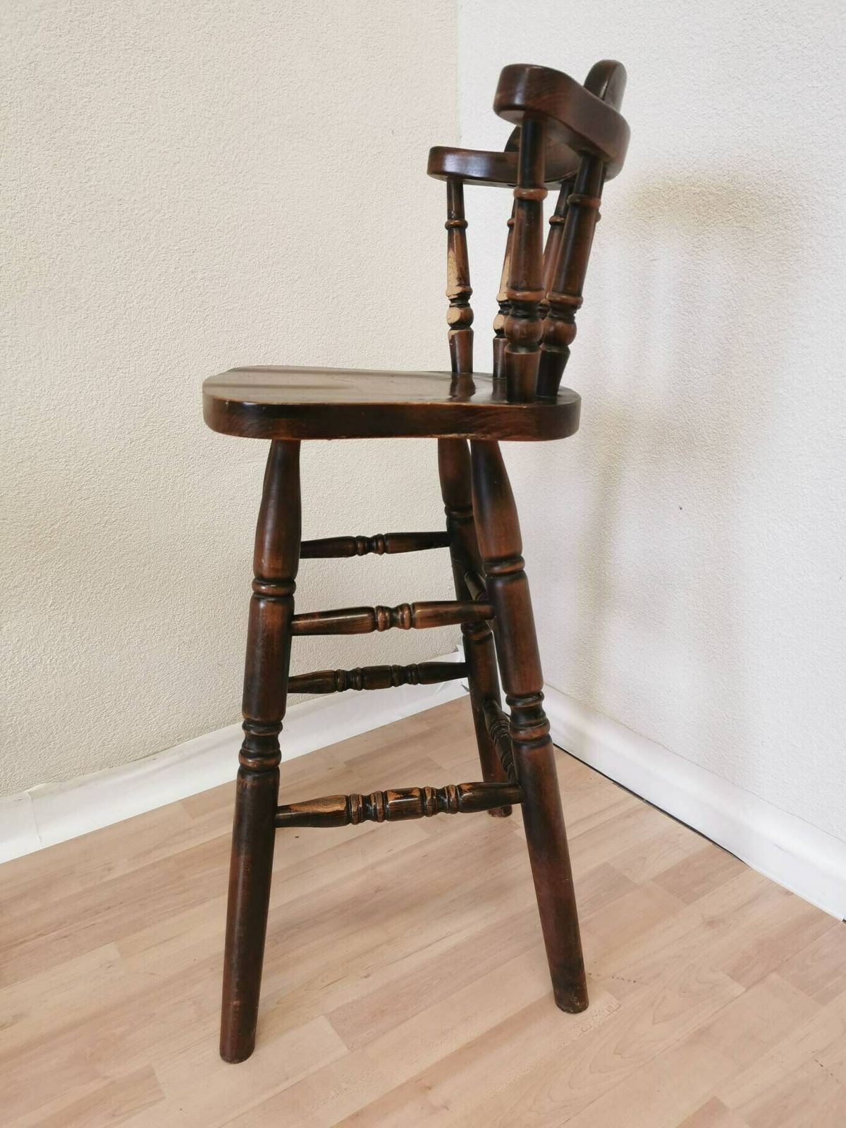 photo for sale Vintage Wooden Bar Chair / 1970s Yugoslavia / Mid Century Farmhouse High Stool / Kitchen Island Chair With Patina / Carved Wood Details