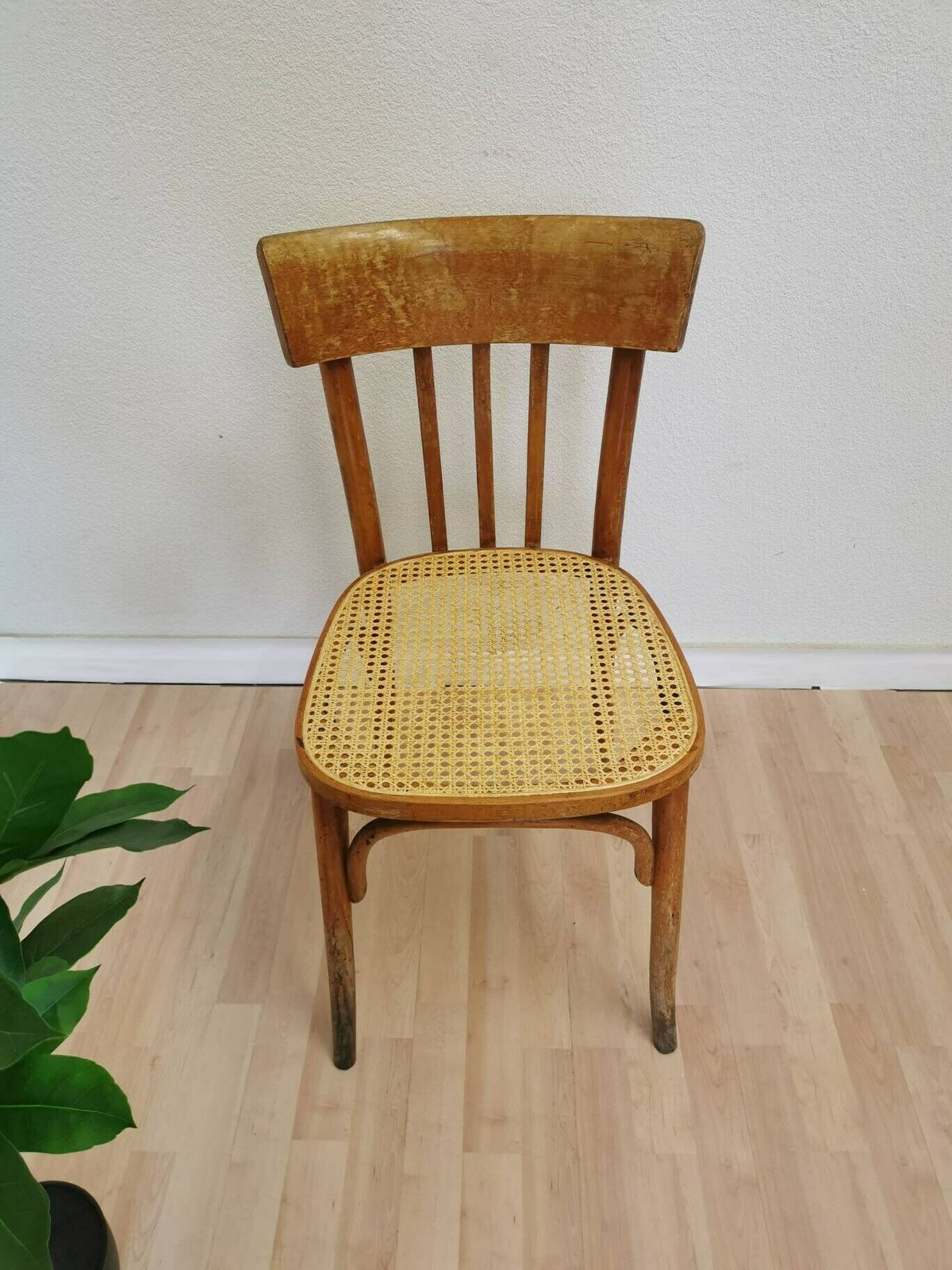 Vintage Wooden Dining Chair With Cane Seat / 1970s Yugoslavia / Mid Century Dine Chair / Wicker Chair With Patina In Boho Interior Design photo vintage