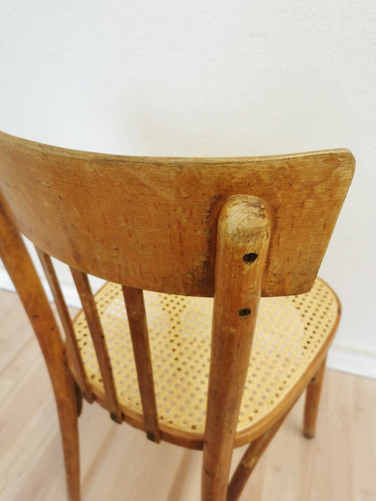 photo furniture Vintage Wooden Dining Chair With Cane Seat / 1970s Yugoslavia / Mid Century Dine Chair / Wicker Chair With Patina In Boho Interior Design