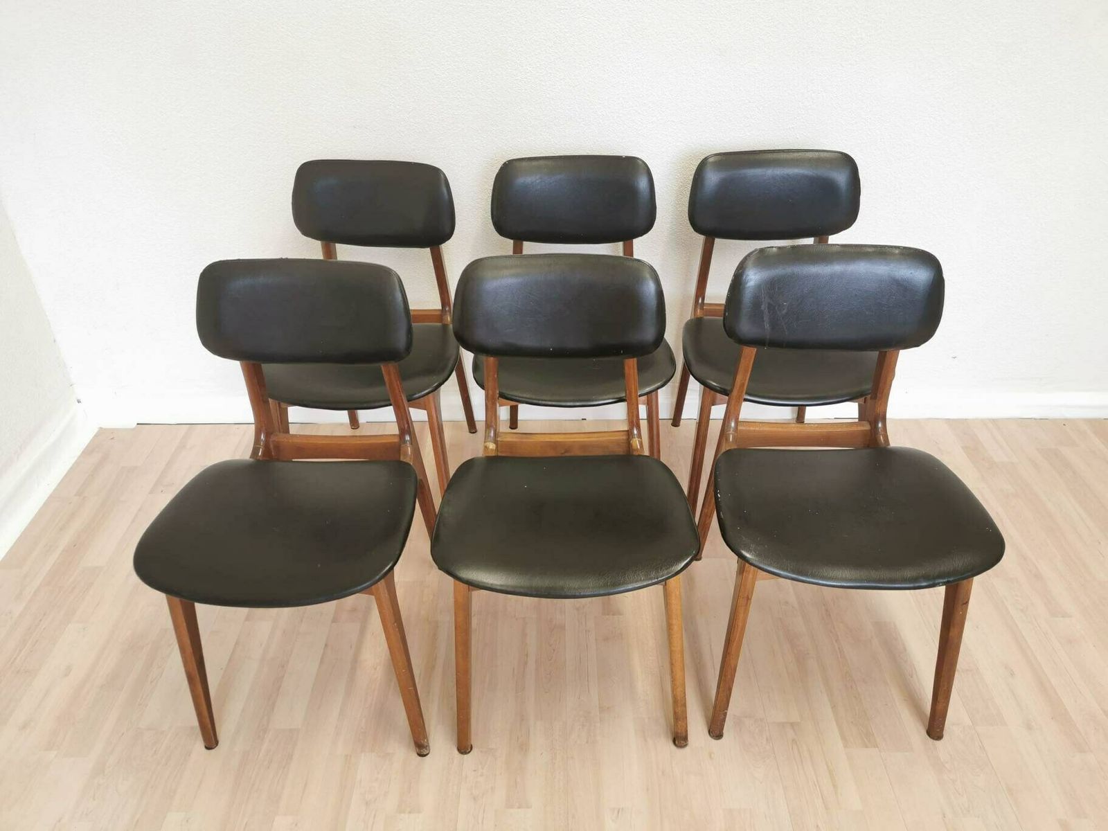 2 Chairs Left Vintage Wooden Dining Chairs With Black Leather Seat / Stol Kamnik 1970s / Yugoslavia Mid Century Dine Chairs / Bistro Bar Pub photo furniture