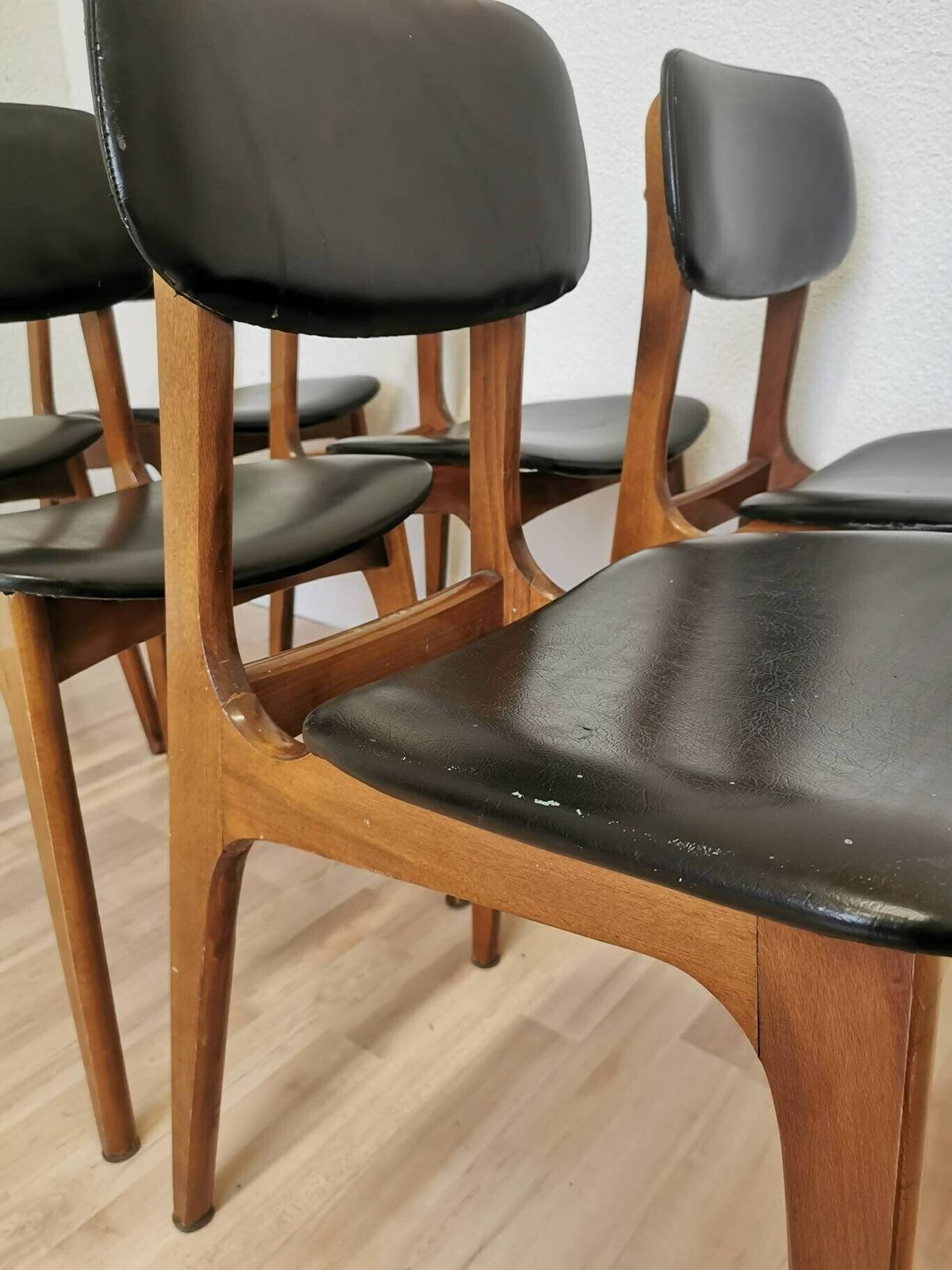 2 Chairs Left Vintage Wooden Dining Chairs With Black Leather Seat / Stol Kamnik 1970s / Yugoslavia Mid Century Dine Chairs / Bistro Bar Pub photo Furniture
