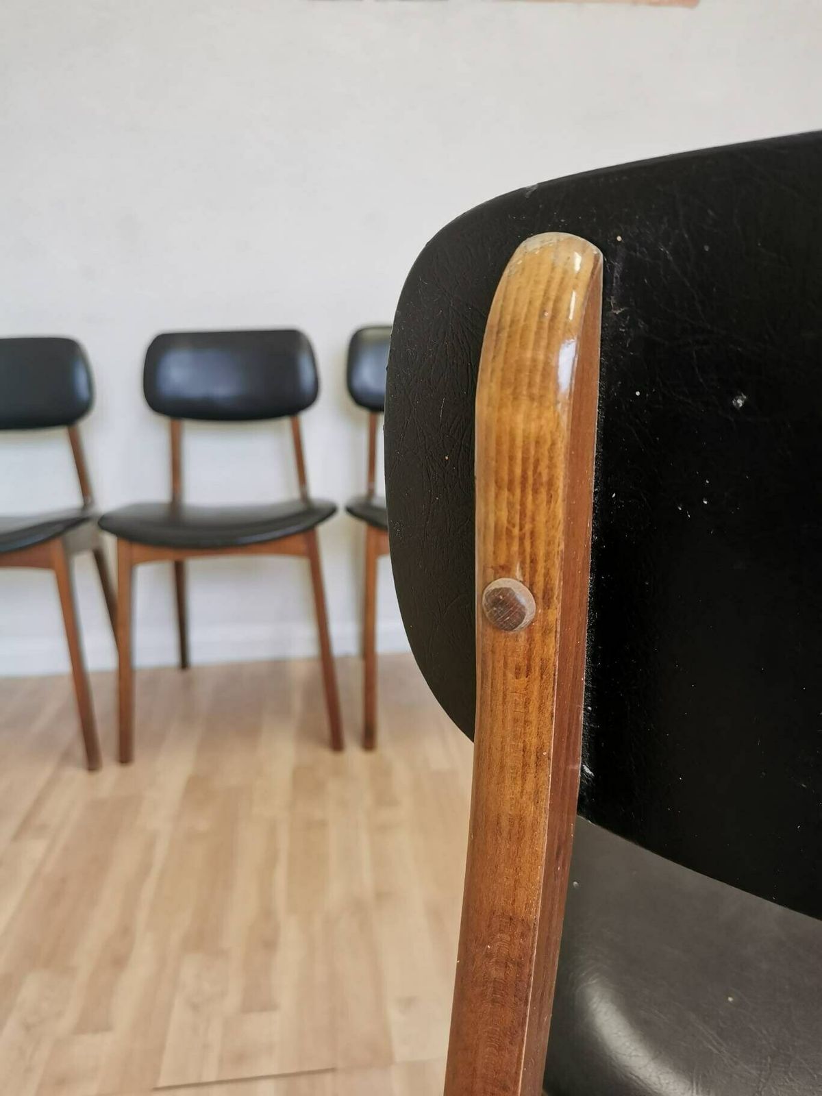 photo furniture 2 Chairs Left Vintage Wooden Dining Chairs With Black Leather Seat / Stol Kamnik 1970s / Yugoslavia Mid Century Dine Chairs / Bistro Bar Pub
