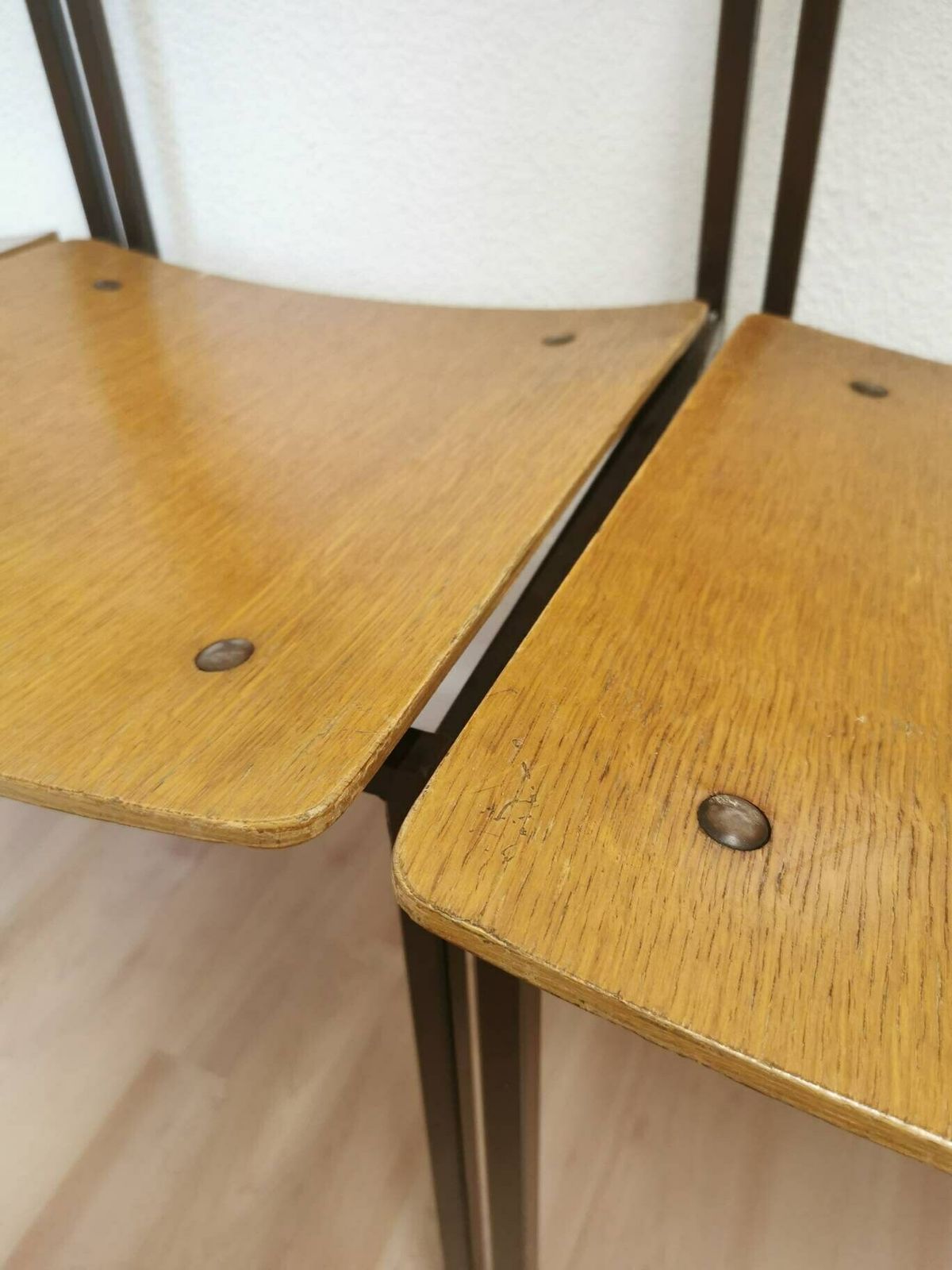 Set Of 4 Vintage School Square Chairs / Industrial Minimalist Dining Chair With Metal Frame And Wooden Seat / Mid Century Set Of Dine Chairs photo vinterior