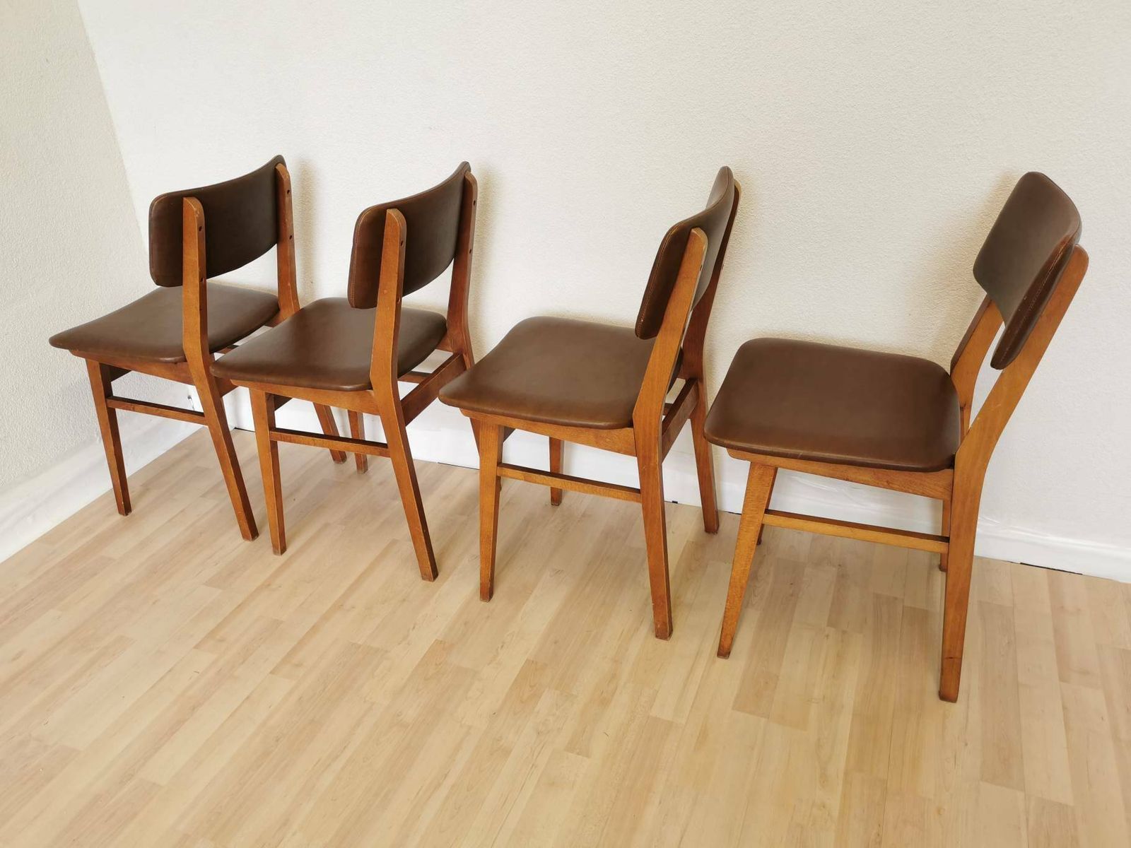 Set Of 4 Vintage Wooden Dining Chairs With Leather Seat And Backrest / Stol Kamnik 1970s Yugoslavia / Mid Century Dine Chairs / Bistro Bar photo Furniture