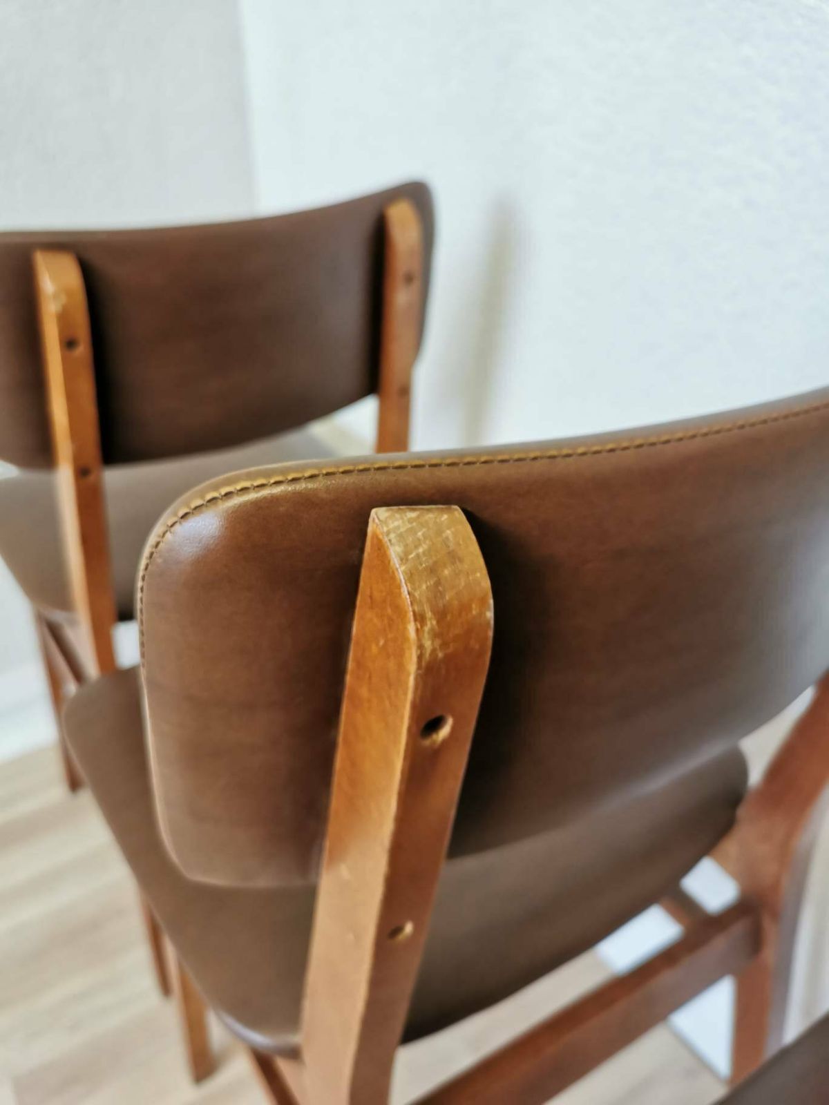 Set Of 4 Vintage Wooden Dining Chairs With Leather Seat And Backrest / Stol Kamnik 1970s Yugoslavia / Mid Century Dine Chairs / Bistro Bar photo buy