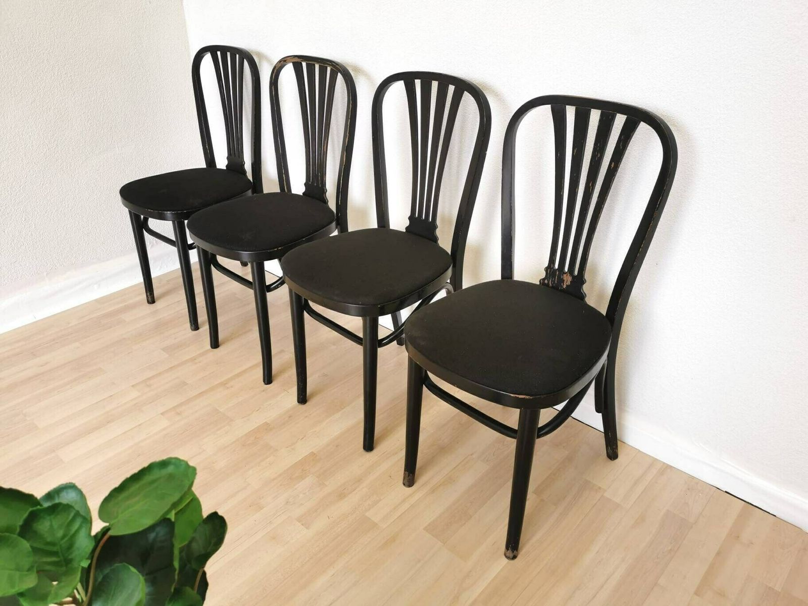 Set Of 4 Vintage Black Wooden Dining Chairs / Stol Kamnik 1970s Yugoslavia / Black Fabric Seat / Mid Century Dine Chairs / Minimalistic Set