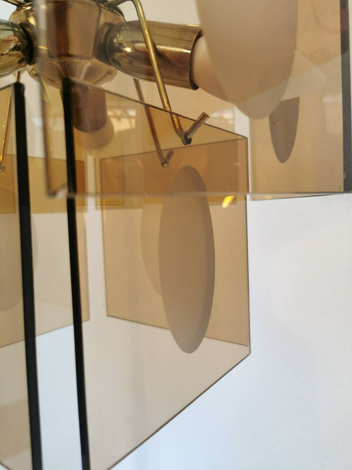 photo for sale Mid Century Vistosi Chandelier / 1960s / Smoked Glass / Pendant Light / Italian Style / 10 Glass Discs / Midcentury / Made In Italy / Top