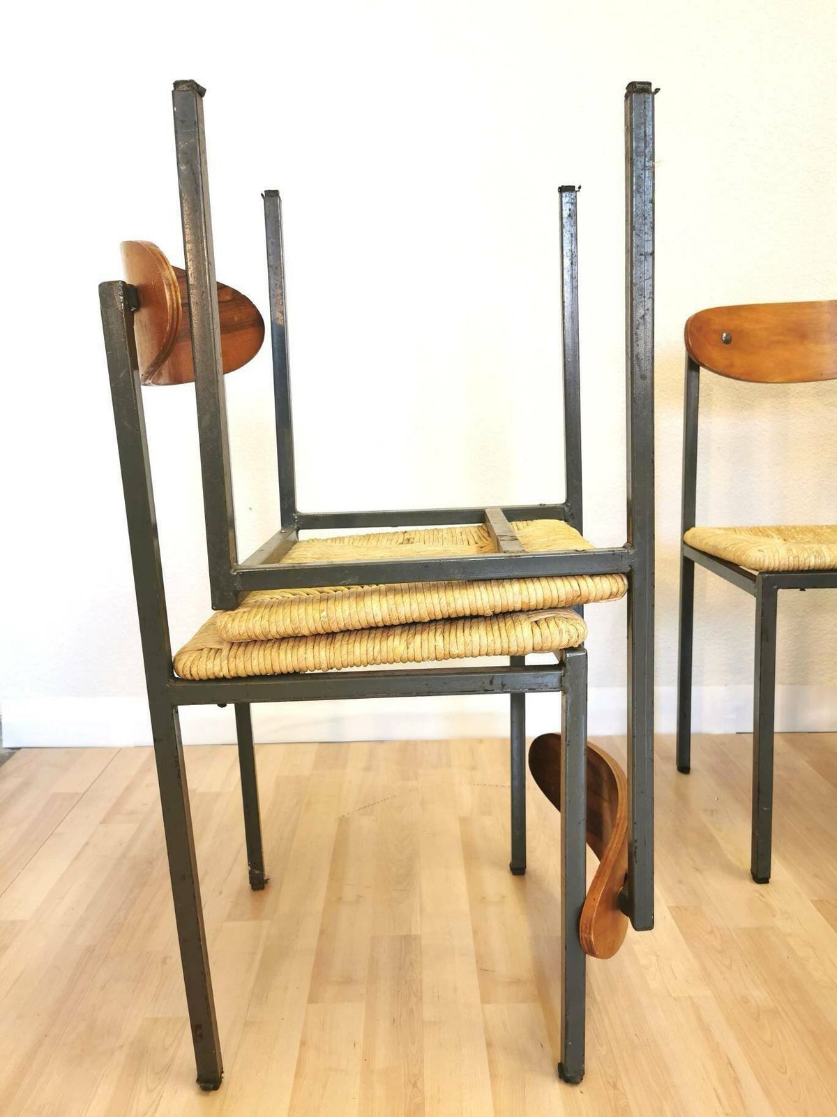 Pub Dine Chairs With Iron Frame And Thatched Seat / Vintage Sturdy Dining Caffe Chair / 1970s, Yugoslavia / Industrial Farmhouse Interior photo for sale