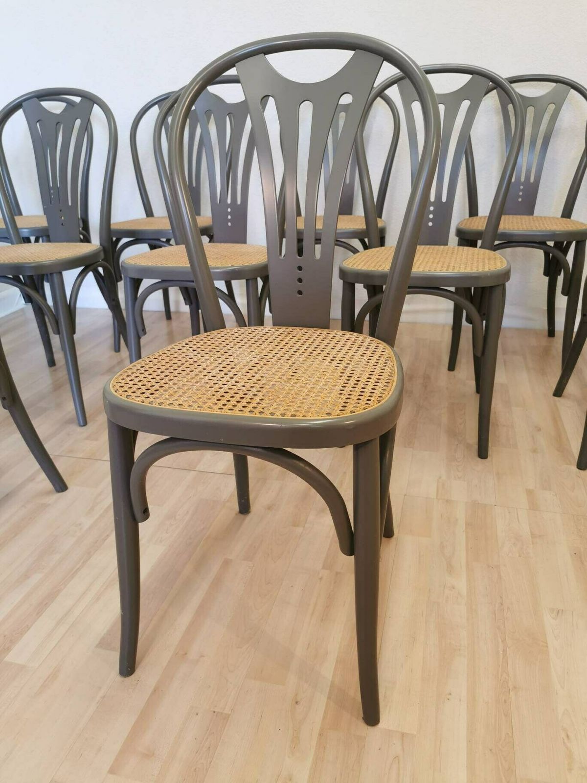 1 Of 14 Wooden Cane Gray Dining Chairs / Batch Thonet Style Bentwood Technique / Retro Bar Vintage Pub / Mcm / Bistro Dine Chair / Interior photo vinterior
