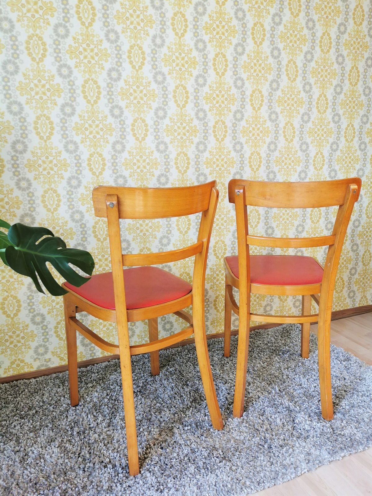 Set Of 2 Vintage Wooden Chairs Made In Yugoslavia 1960s By Stol Kamnik Factory / Mid Century Dining Chairs / Red Leather Seats / Solid photo furniture