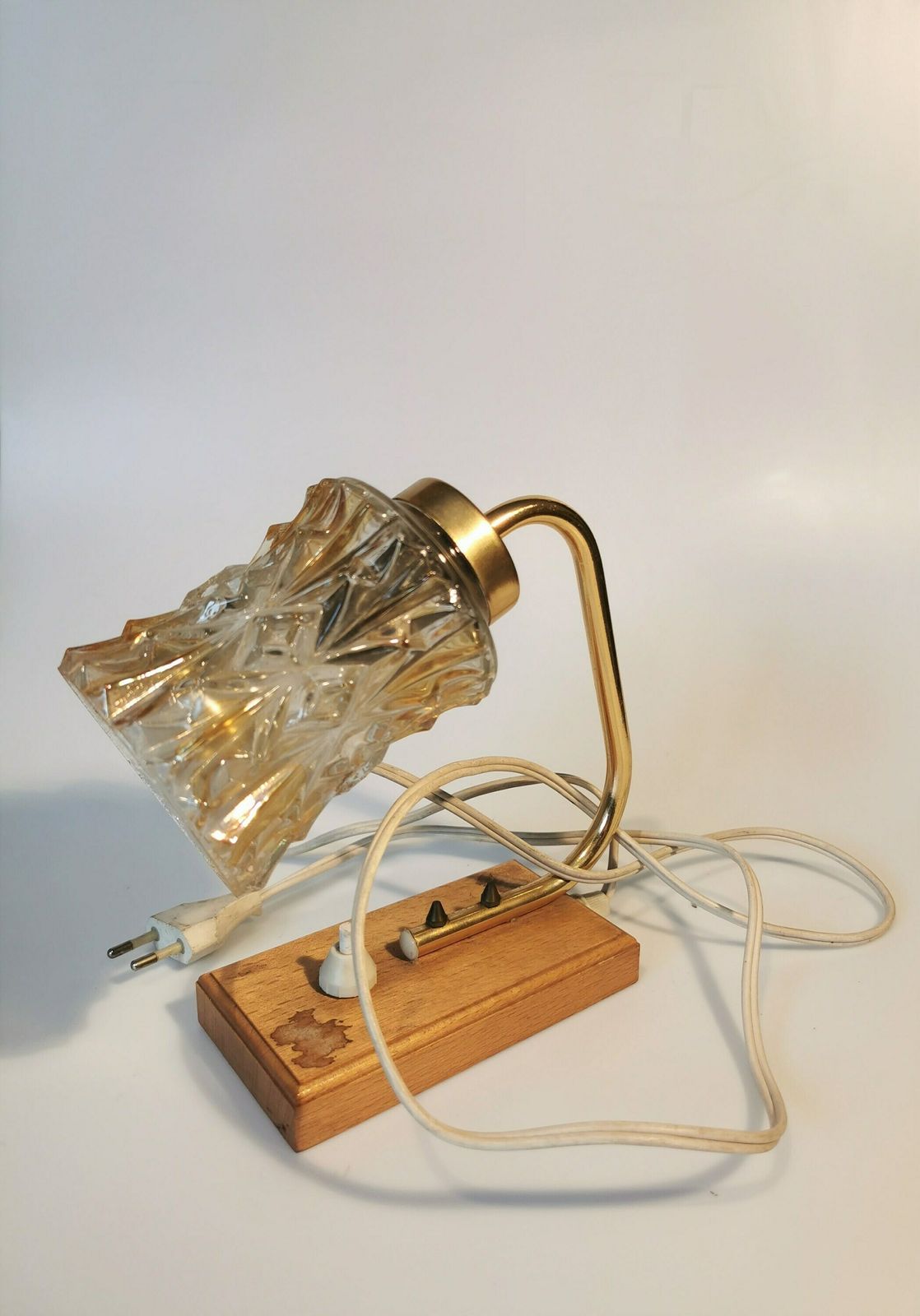 Vintage Bedside Desk Lamp / Table Glass Light / Mid Century Lighting / Made In Yugoslavia 1970s / Wood Metal Glass / Retro